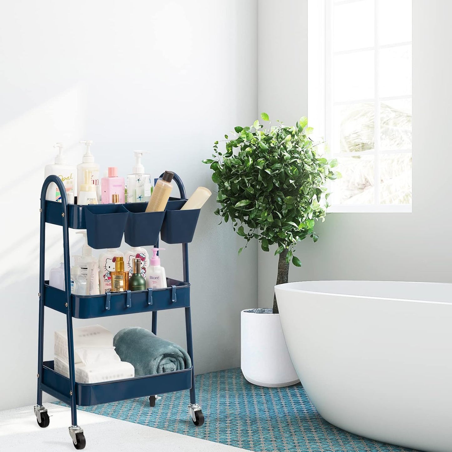 danpinera 3-Tier Rolling Cart, Metal Rolling Storage Cart with Lockable Wheels & Hanging Cups &