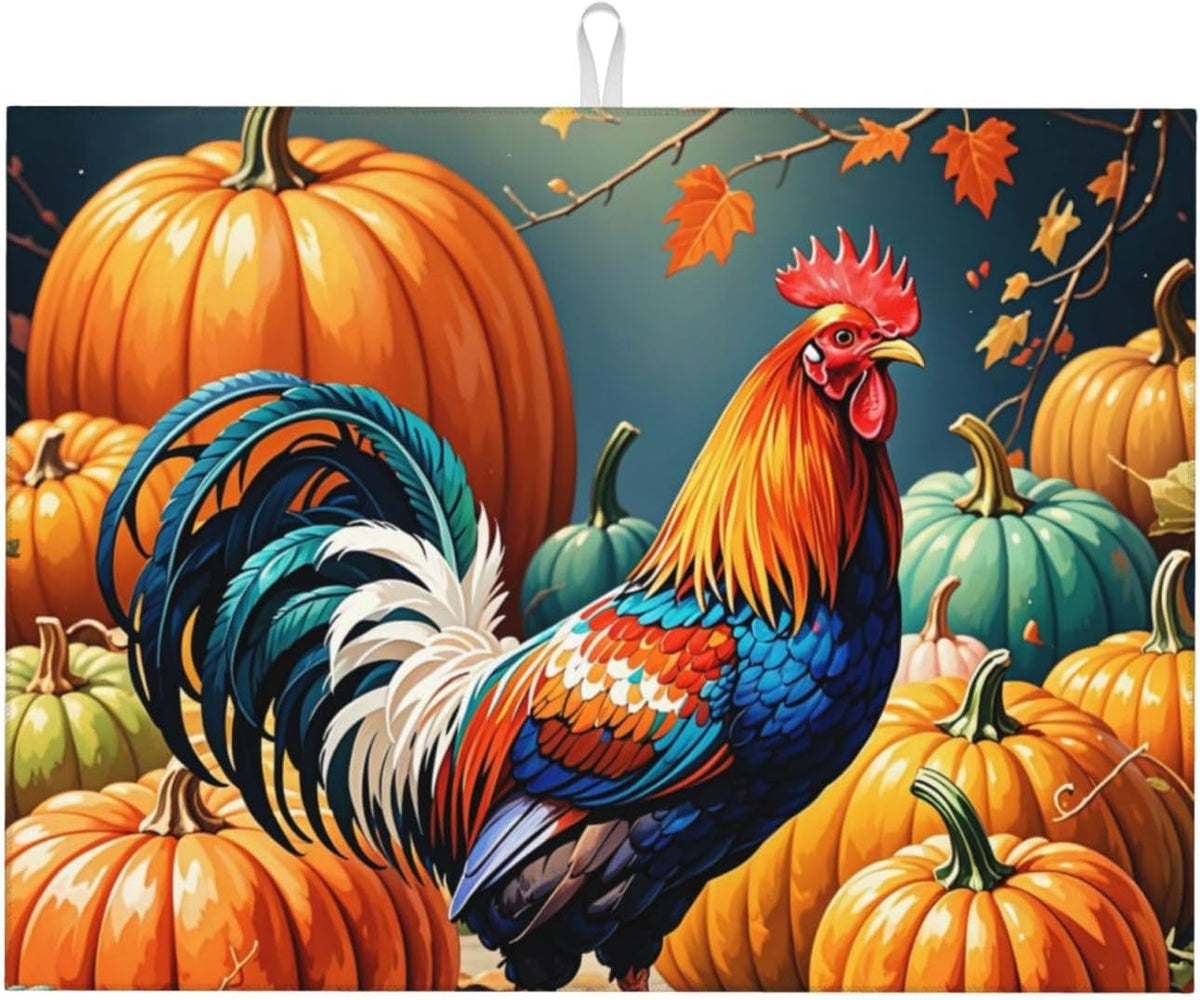 Rooster Pumpkin Dish Drying Mat Highly Absorbent Double-Sided Microfiber with Hanging Loop