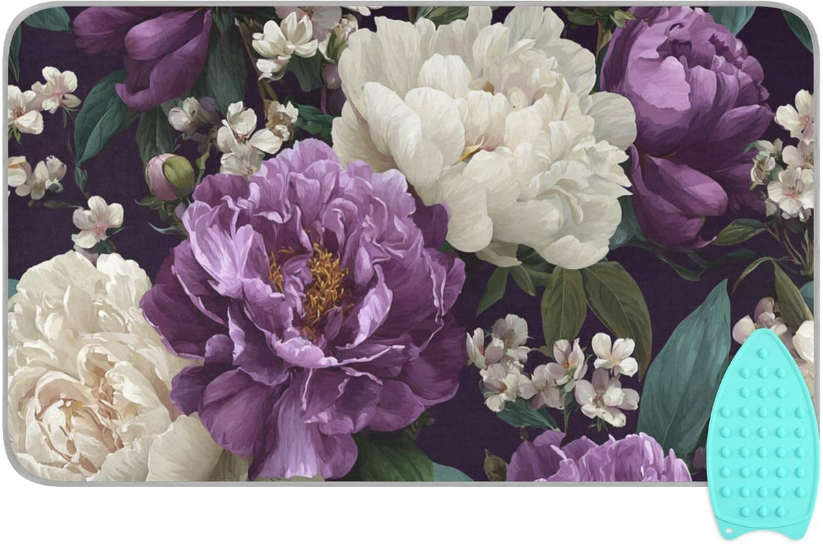 Rose Floral Purple and White Ironing Mat for Table top Portable Ironing Pad Blanket for Washer