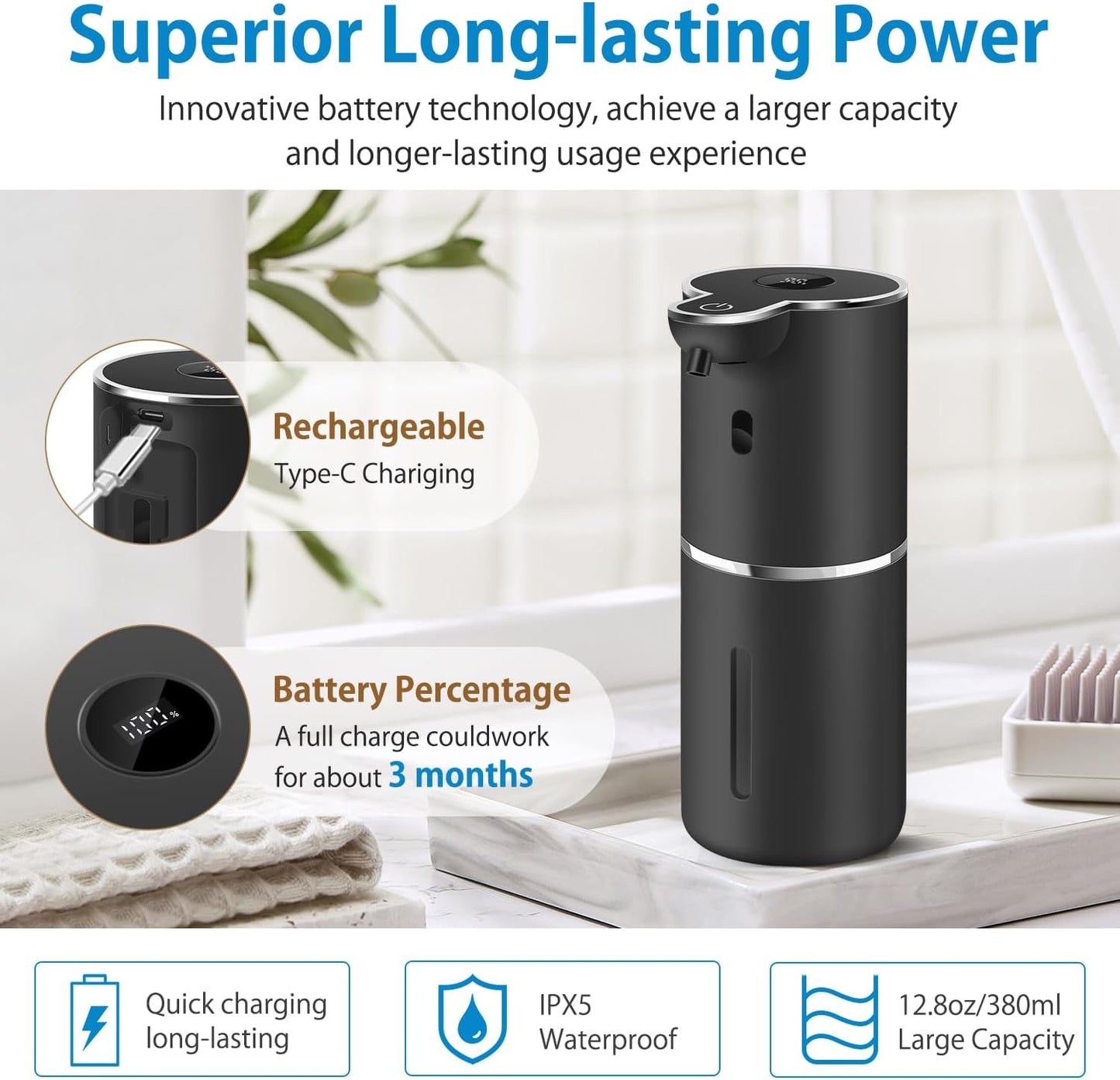 Automatic Liquid Soap Dispenser 12.8oz, Rechargeable & 6 Levels Soap Adjustable with Digital