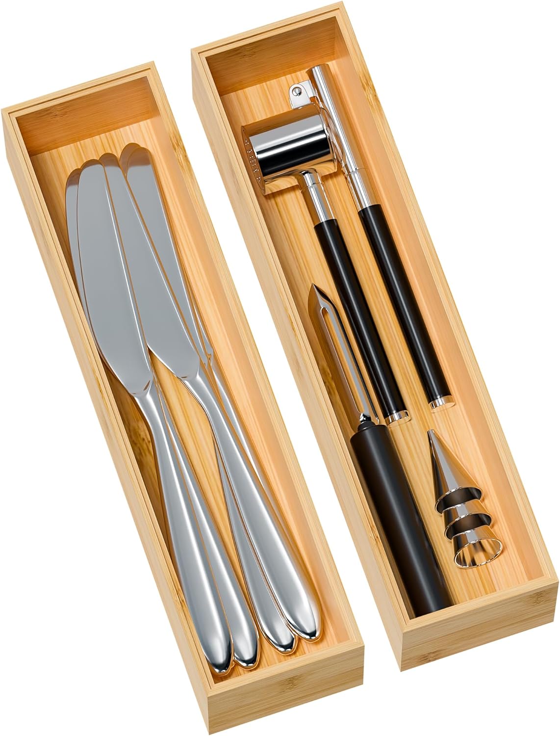 Kitchen Drawer Organizer Bins, Stackable Bamboo Deep Drawer Organizer for Silverware, Utensils