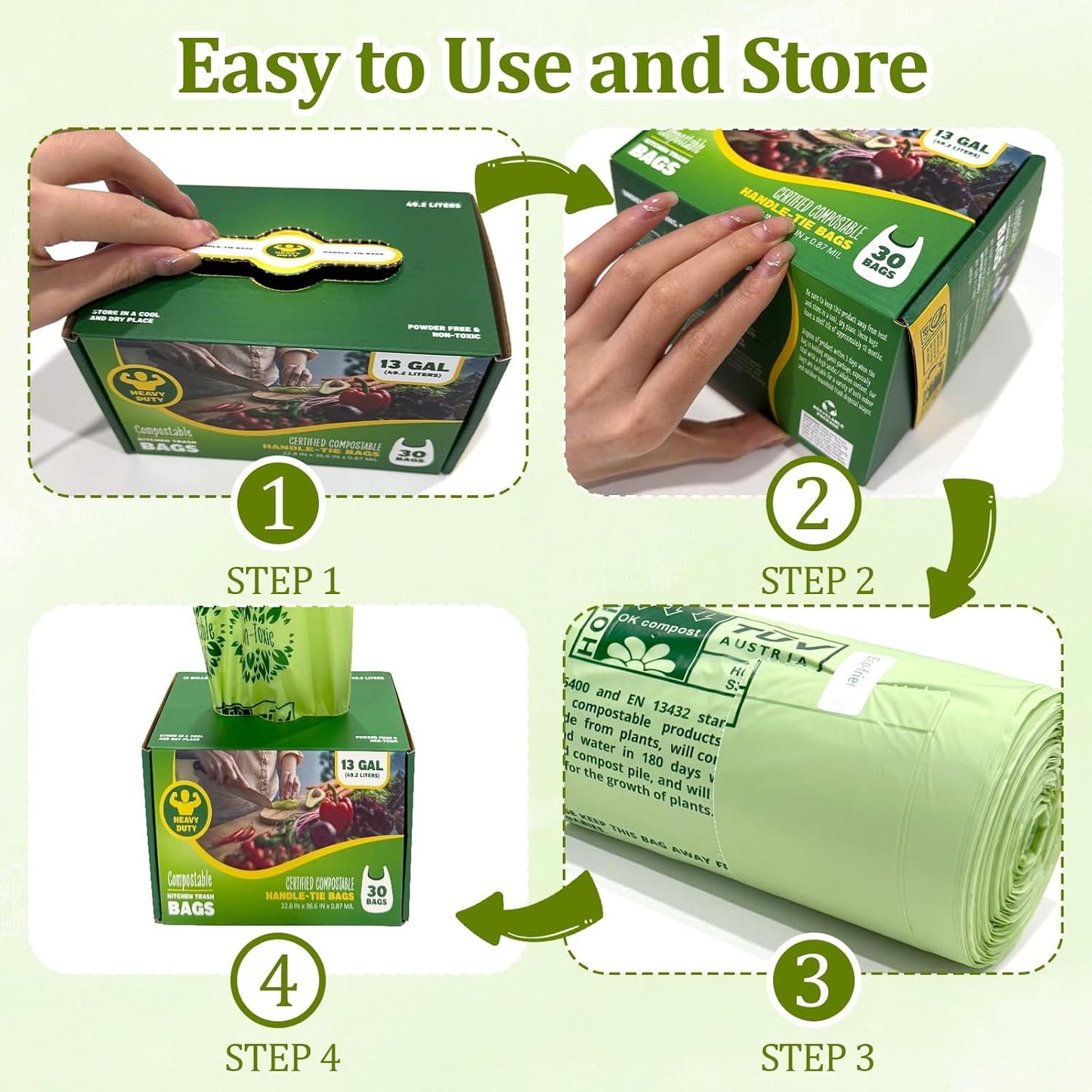 10-13 Gallon Compostable Trash Bags Handle-Tie, Heavy Duty Thick 0.87 Mil, 49.21 Liter, 30 Bags