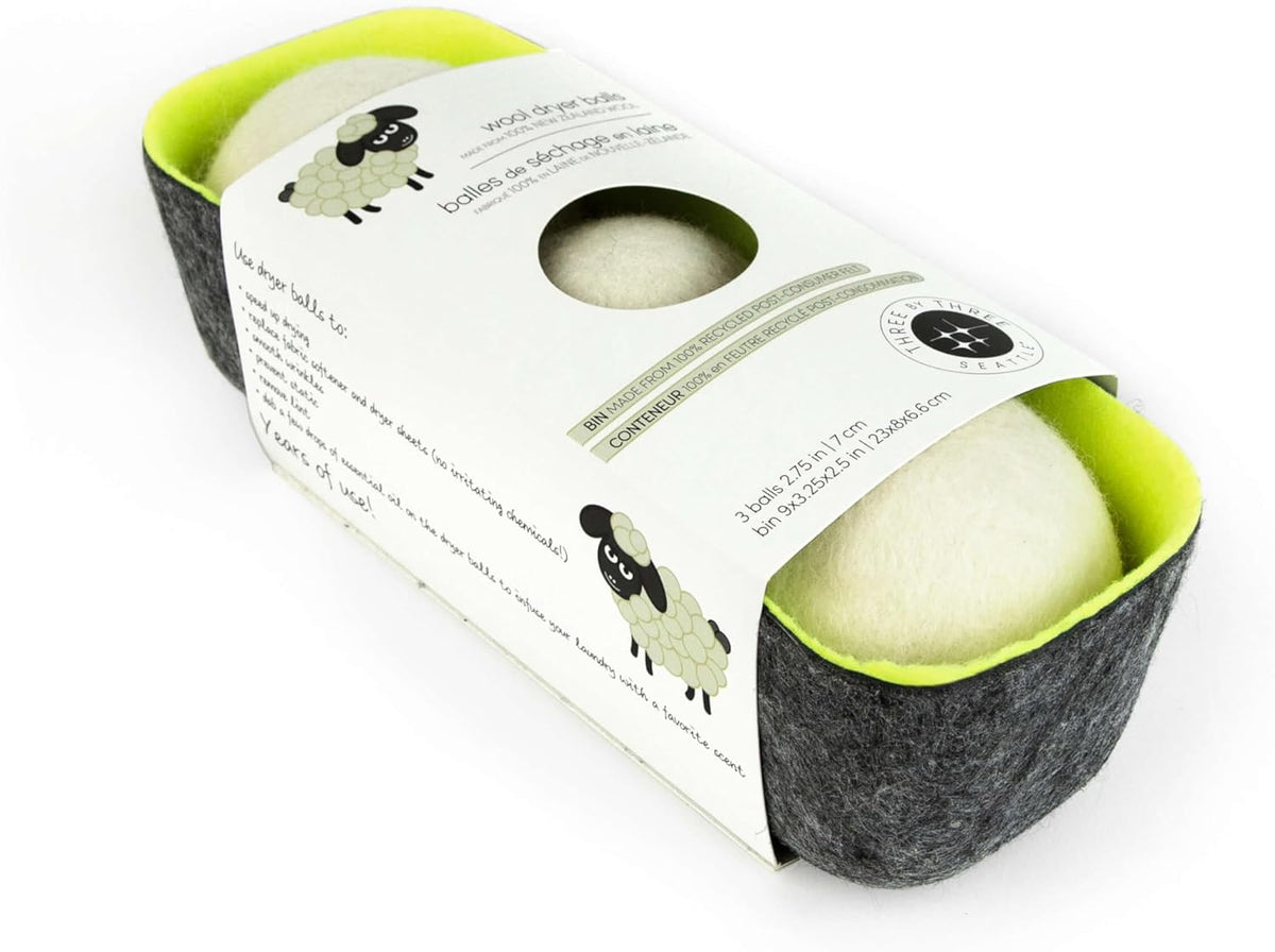 Three by Three Seattle Felt·Like·it!™ XL Wool Dryer Balls + Storage Bin: Reduce Drying Time, Static