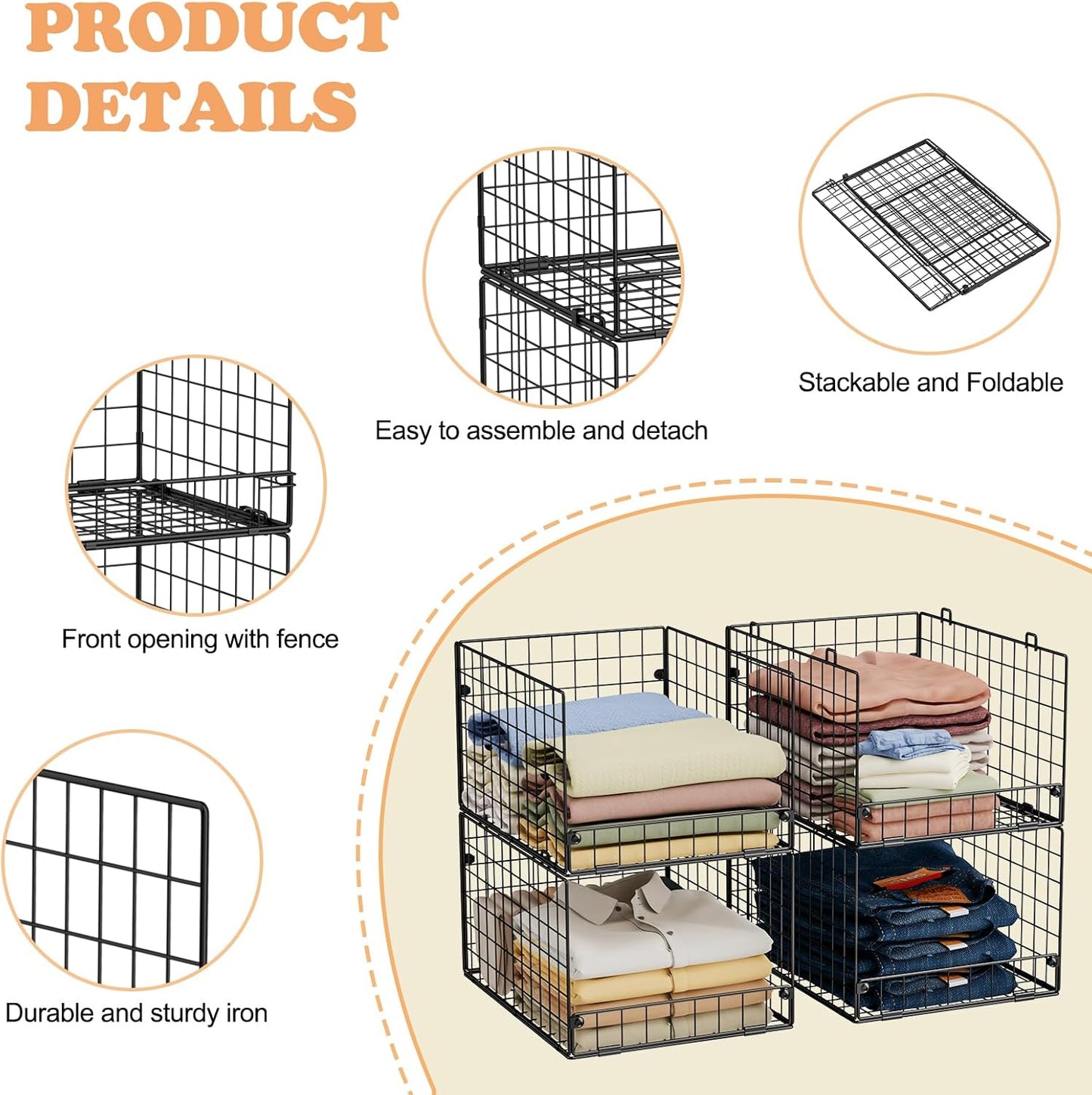 4-Tier Stackable Closet Organizers and Storage Shelves, Foldable Closet Shelf Organizer System