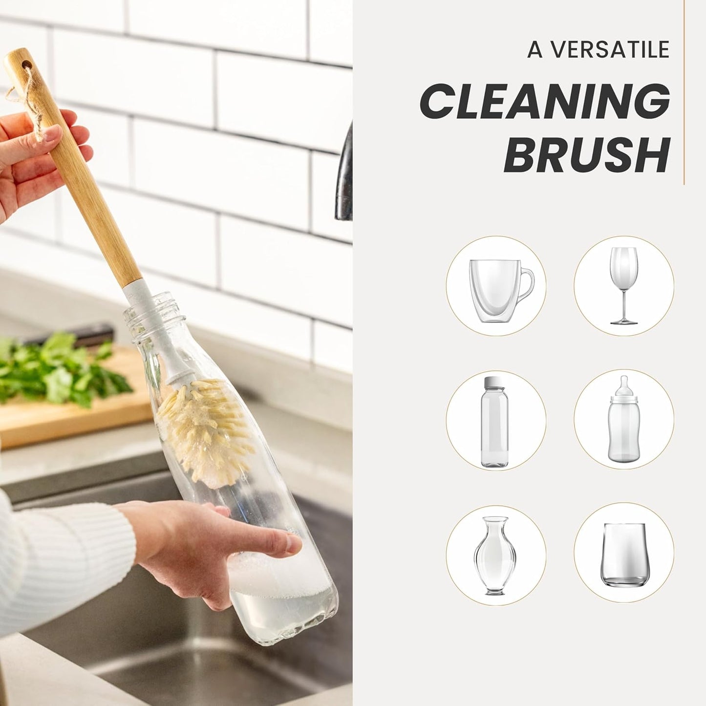 Vigar Zeroline 13.9" Long Bamboo Dish Brush, Ideal Dish Brush for Cups, Wine Glass, Tumbler