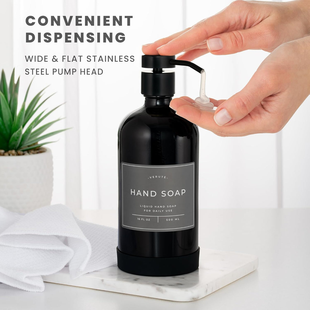 16oz Glass Soap Dispenser with Stainless Steel Pump, 21 Waterproof Labels, Non-Slip Protective