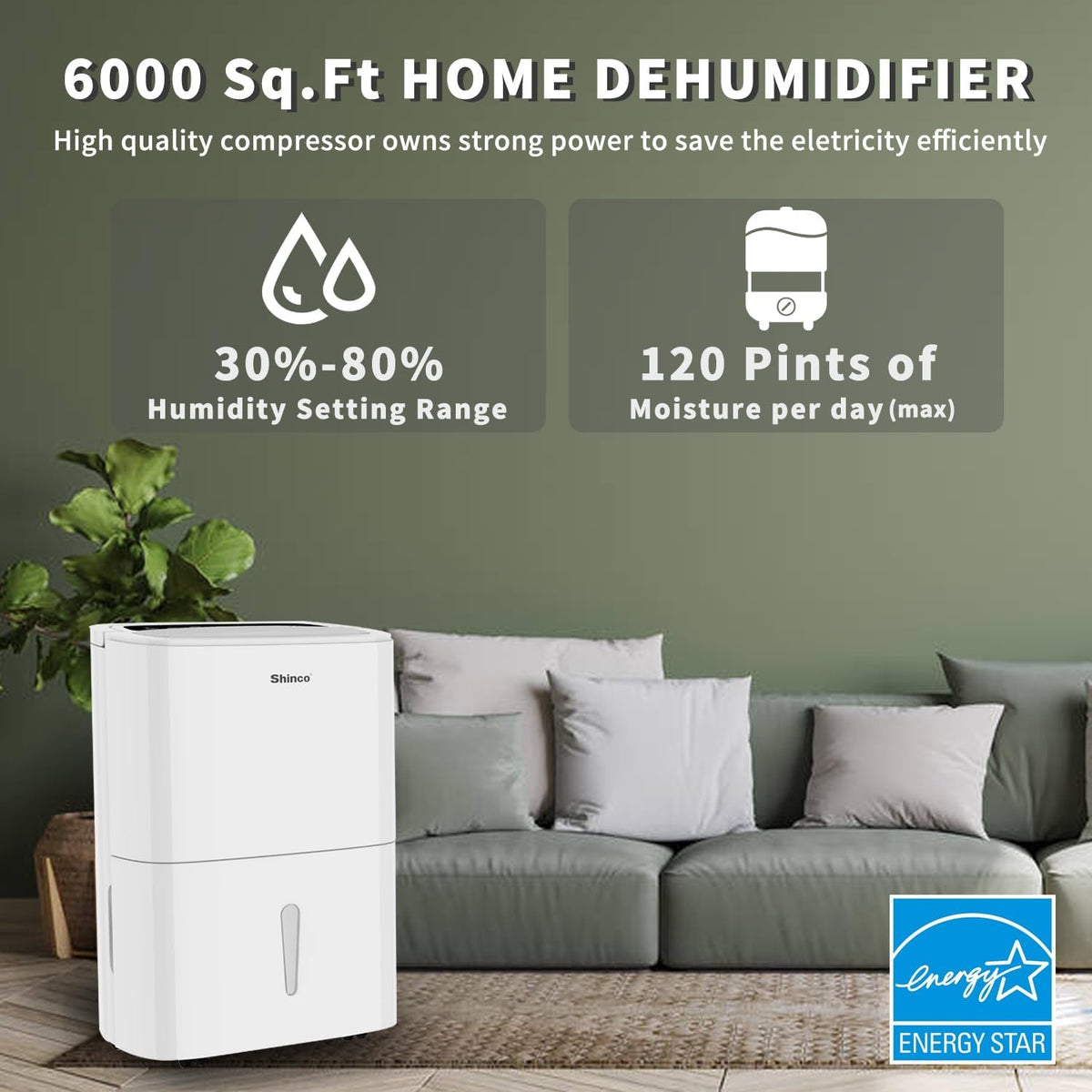 Shinco 6,000 Sq.Ft Energy Star Dehumidifier with WIFI, Ideal for Large Rooms and Home Basements