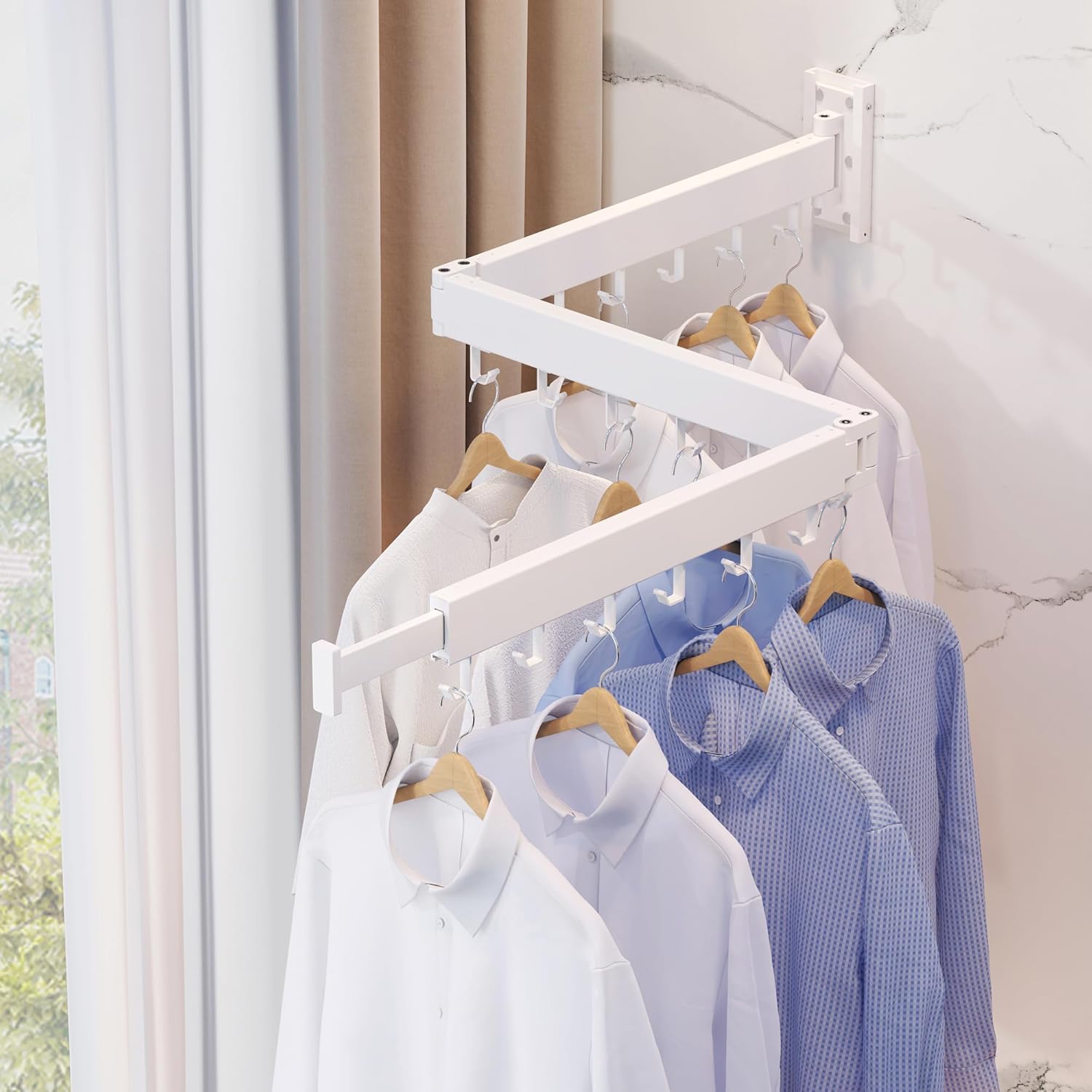 Wall Mounted Clothes Drying Rack, Collapsible, Folding, Retractable - Clothes Hanging Rack (Hooks