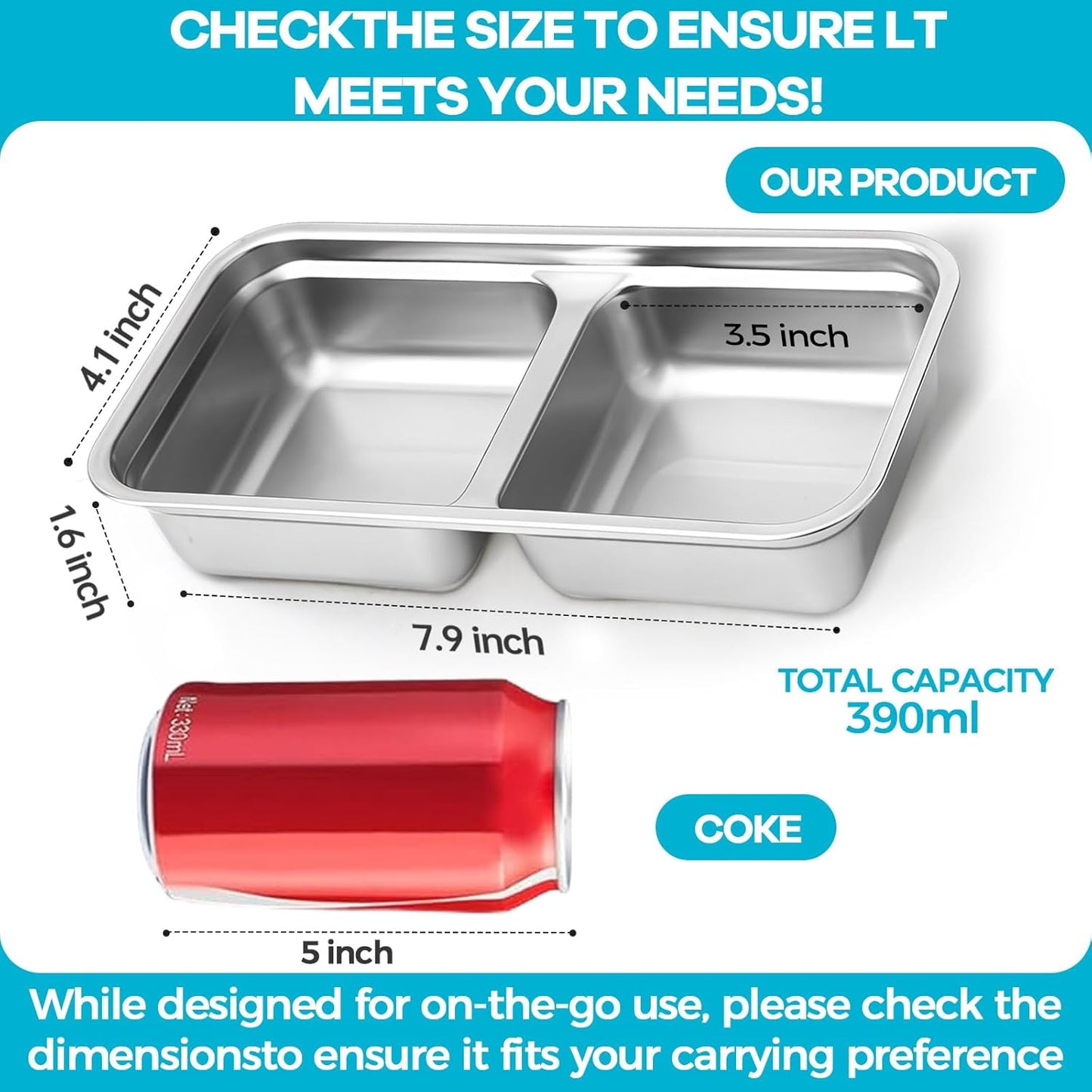 4 Pack Stainless Steel Snack Containers Reusable, Grab and Go 2 Compartment Food Storage Containers