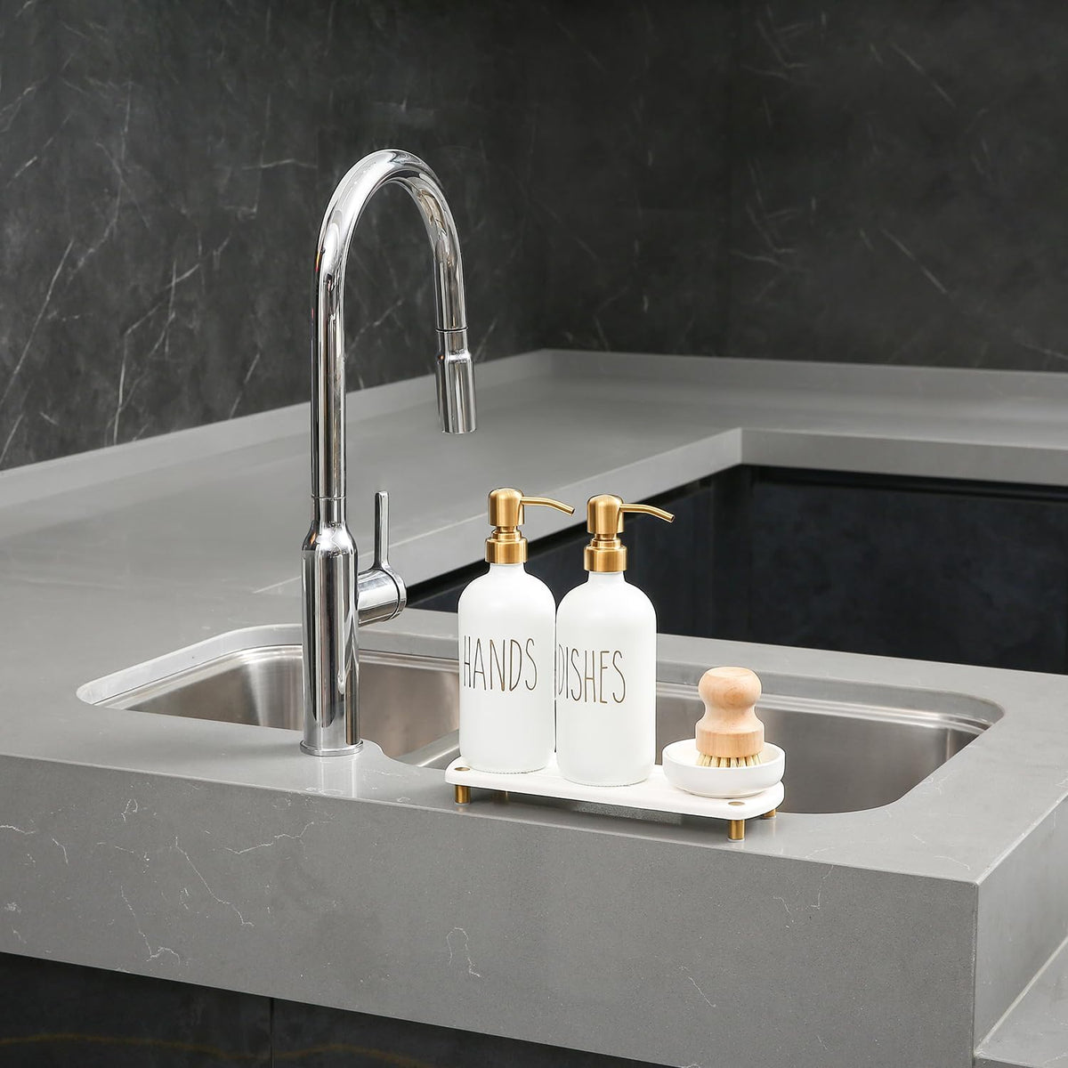MOMEEMO Gold Soap Dispenser Set Comes with Stainless Steel Pumps, Instant Dry Tray, and Dish Scrub