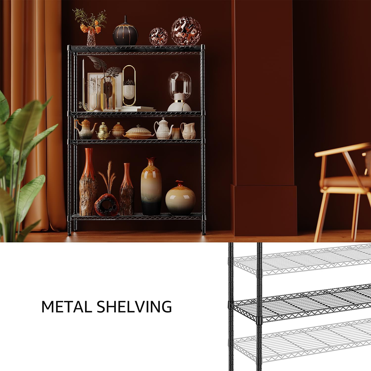 IZEUK 1400 LBS Garage Black Shelving Wide Storage Shelves 4 Tier Adjustable Heavy Duty Metal Wire