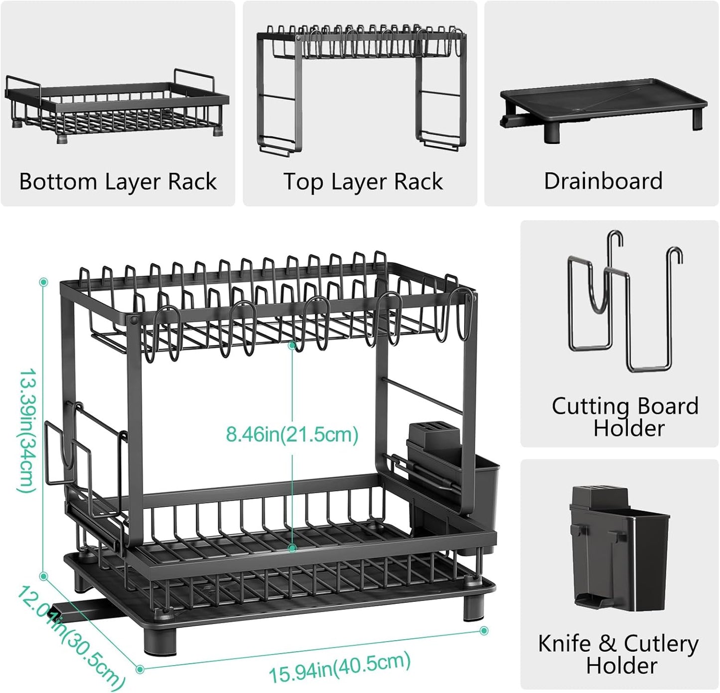 Dish Drying Rack, 2 Tier Space-Saving Dish Rack, Multifunctional Dish Drainer for Kitchen Counter