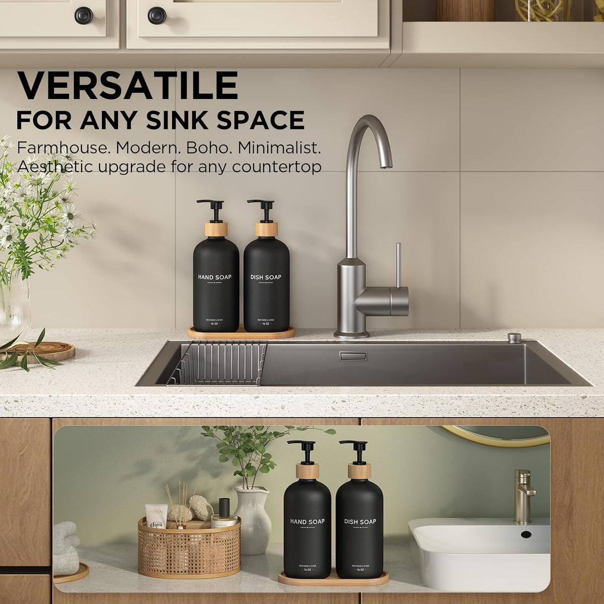 Hand and Dish Soap Dispenser Set,16oz Glass Bottles with Printed Labels, Bamboo Tray &