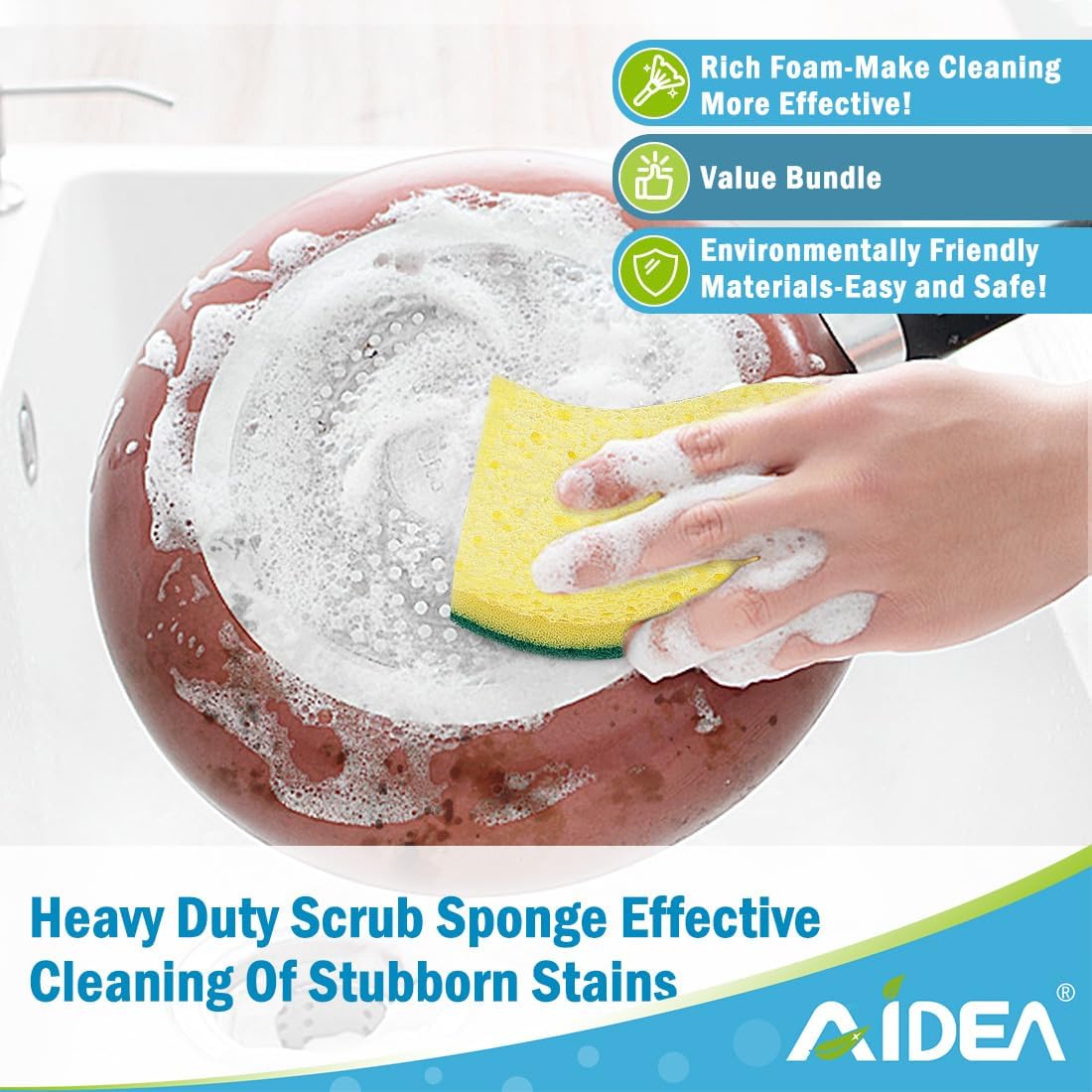 AIDEA Heavy-Duty Scrub Sponges, 24Count, Sponge for Non-Coated Cookware, Kitchen Sponges for