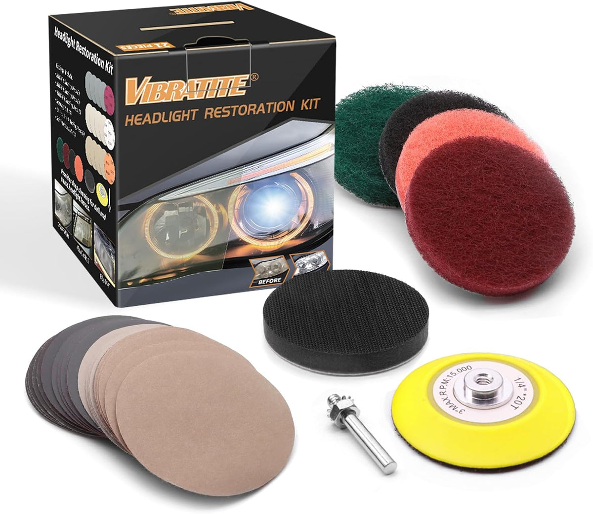 VIBRATITE Headlight Restoration kit for Electric Drill Based Car Lights DIY Polishing kit with 3