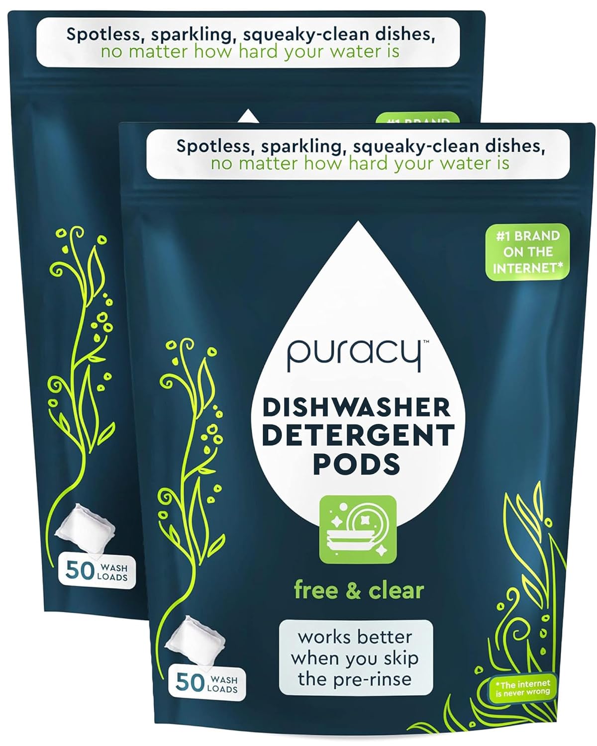 Puracy Dishwasher Pods, Natural Dishwasher Detergent, Free & Clear Dish tabs - Enzyme-Powered, Spot