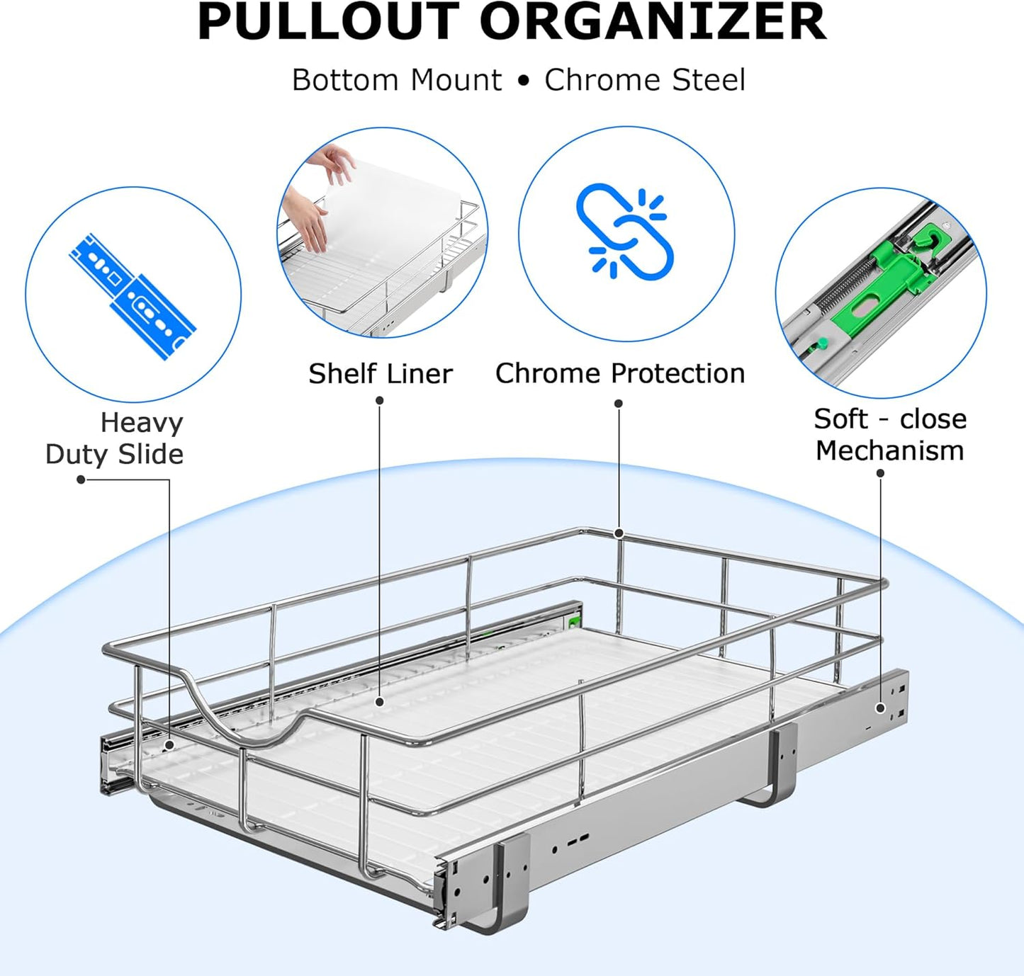 WelFurGeer Soft Close Slide Out Cabinet Shelf, 11" W x 22" D Pull Out Drawers for Kitchen Cabinets