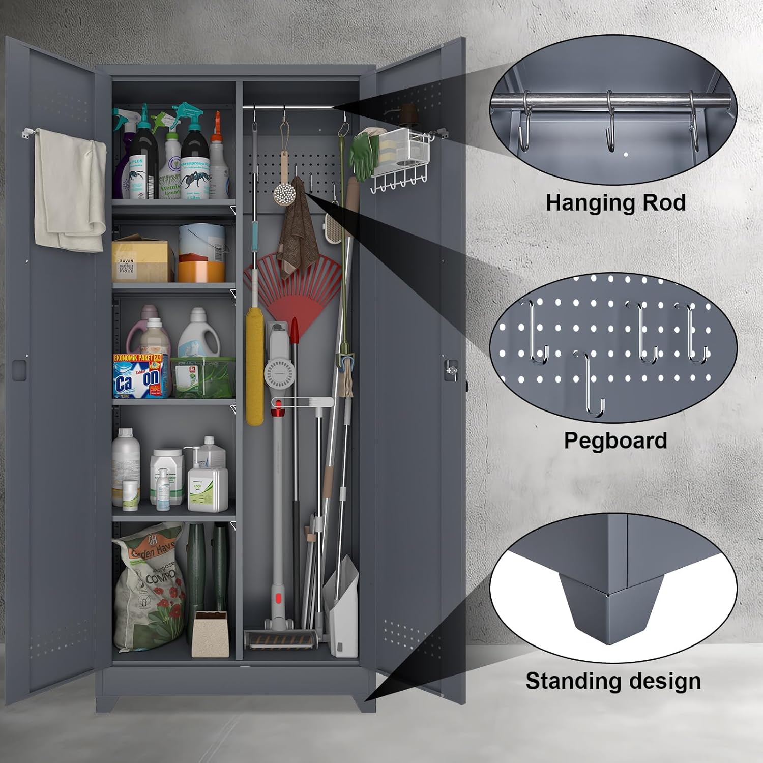 Metal Tool Storage Cabinet, Broom Closet with Hooks, 72.8" Tall Garage Cabinet with Shelves