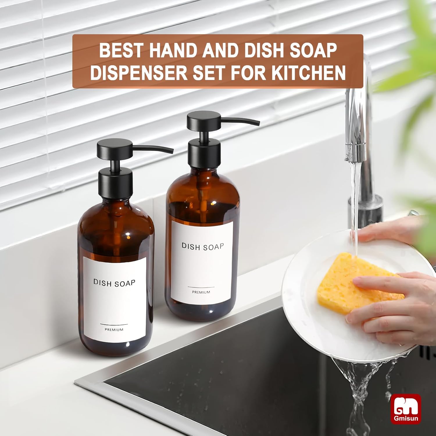 GMISUN Amber Glass Soap Dispenser, 2 Pack Bathroom Hand Soap Dispensers with Stainless Steel Flat