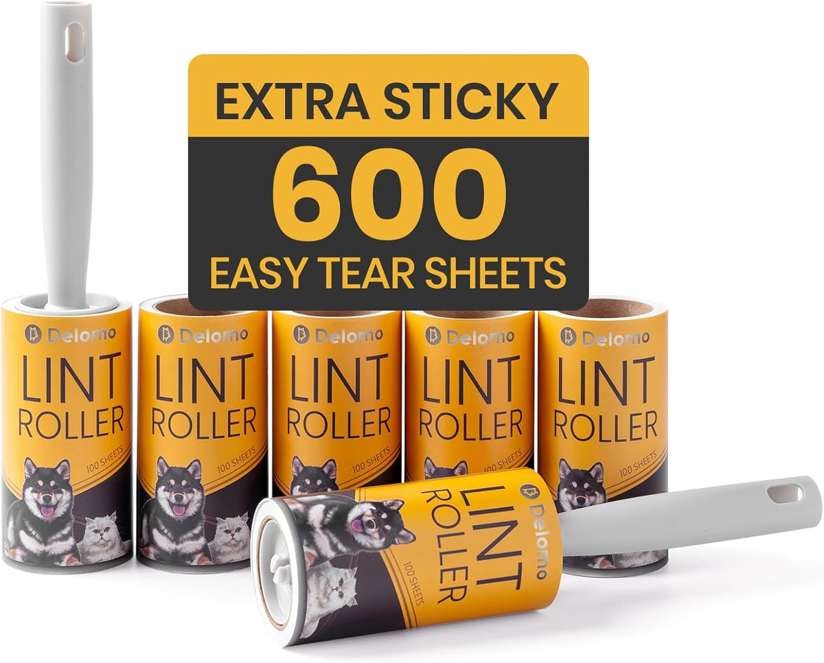 DELOMO Lint Roller 600 Sheets (2 Rollers + 4 Refills) - Lint Rollers for Pet Hair Extra Sticky