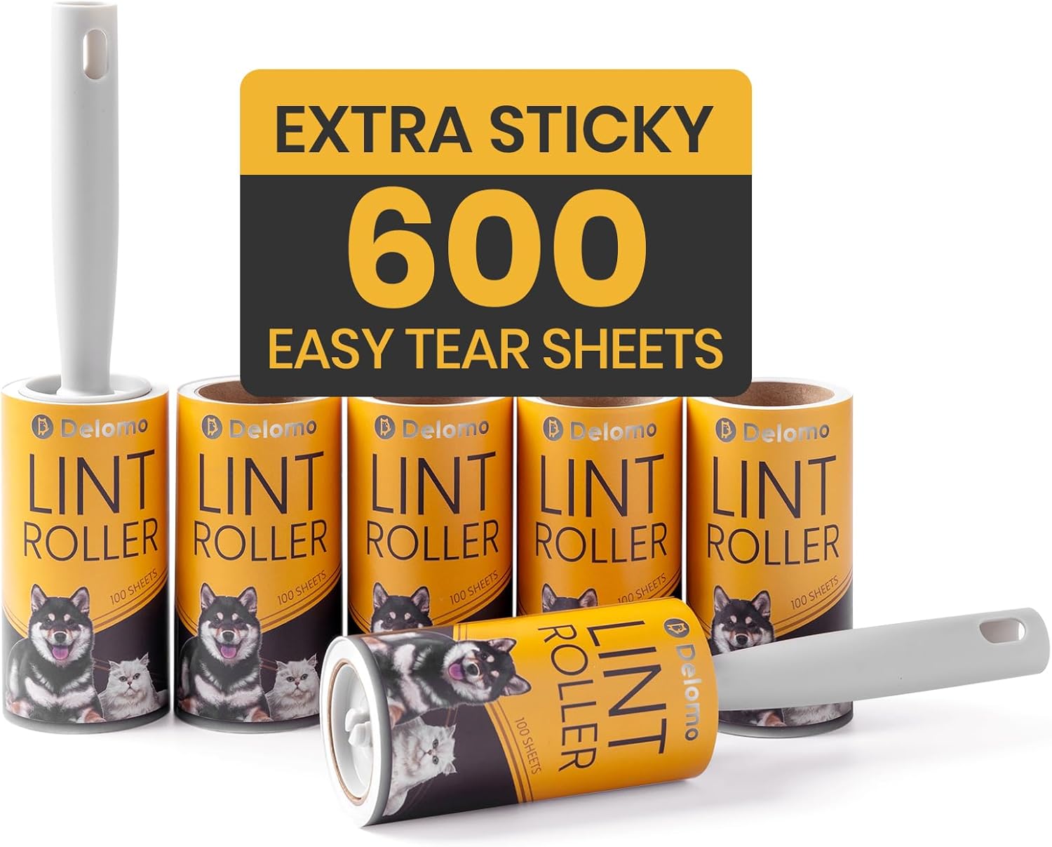 DELOMO Lint Roller 600 Sheets (2 Rollers + 4 Refills) - Lint Rollers for Pet Hair Extra Sticky