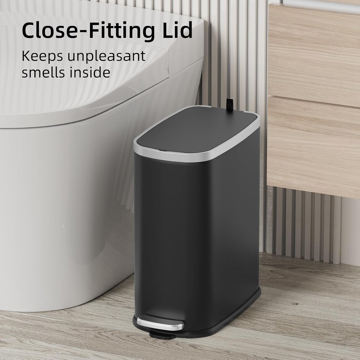 KUK Slim Bathroom Trash Can with Lid Soft Close, Step Pedal, 2.6 Gal/ 10L Stainless Steel Garbage