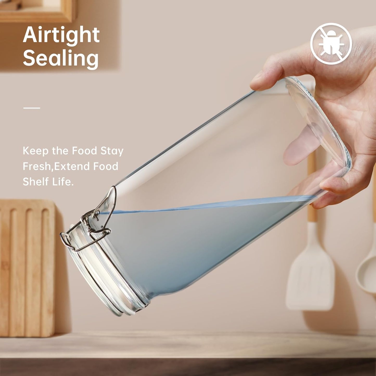 Square Glass Jars with Airtight Lid Set of 3, 50 floz Wide Mouth Mason Jars with Clamp Lids,Glass