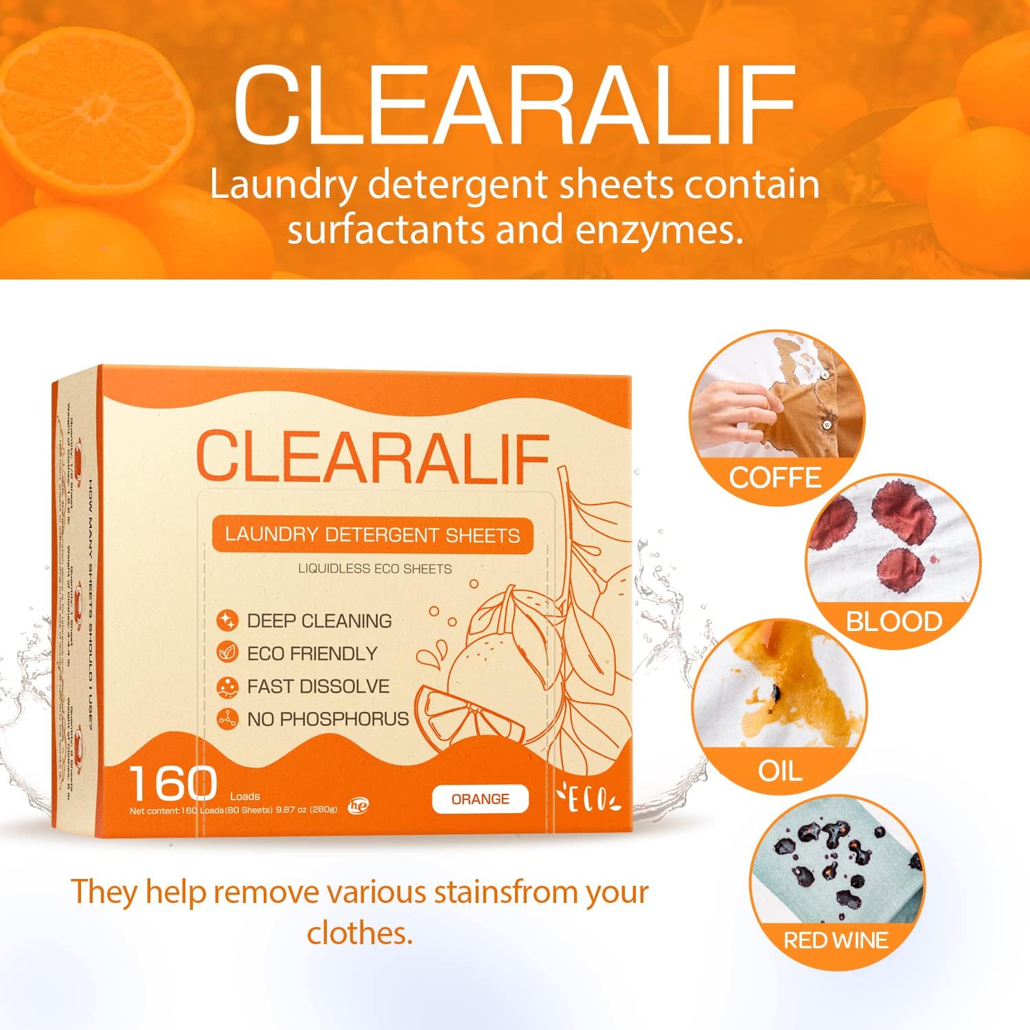 Laundry Detergent Sheets (480 Loads), Orange,Great For Travel,Apartments, Dorms,CLEARALIF Laundry