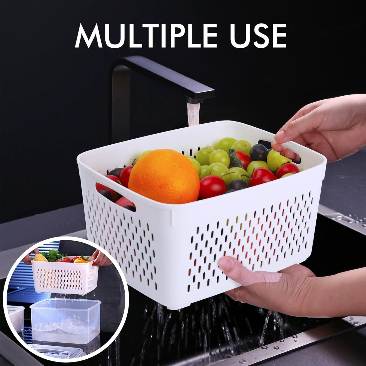 HOTEC 5-Pack Large Fruit Storage Container for Fridge Leak proof with Removable Colander, BPA Free