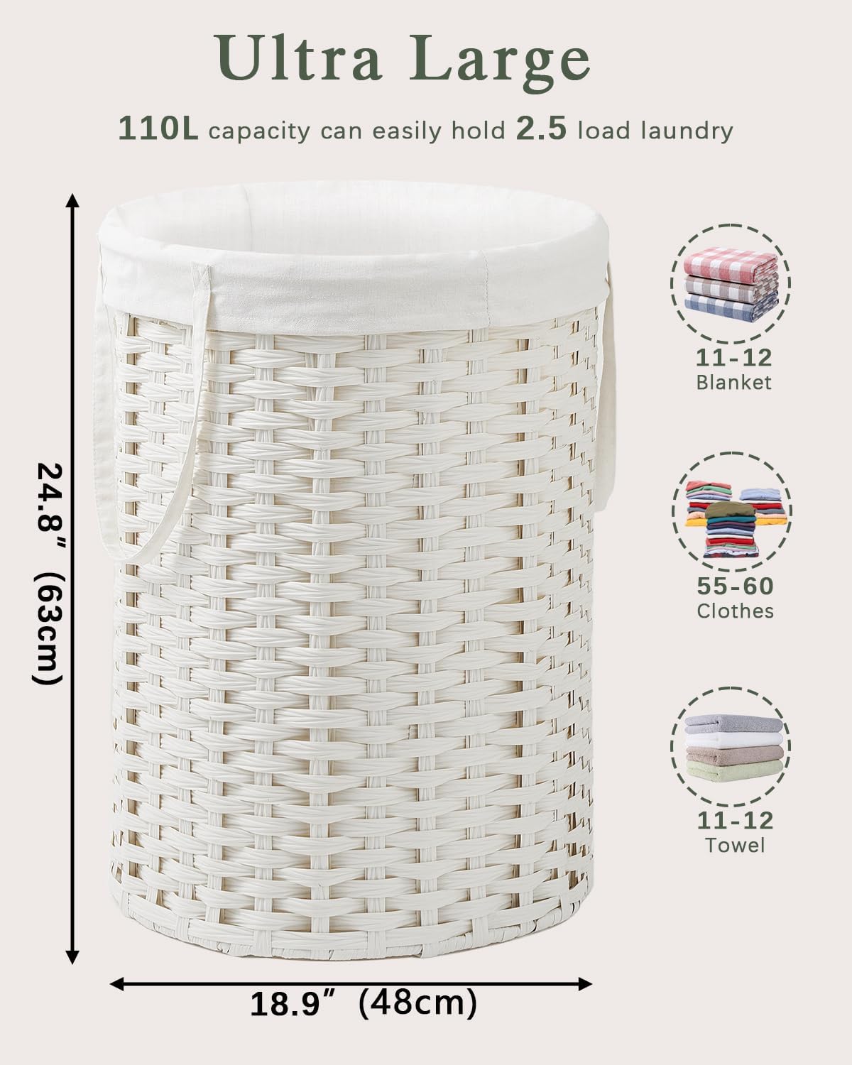 Laundry Basket Round Rattan Laundry Hamper 29.1 Gal (110 L) Handwoven Large Wicker Basket with
