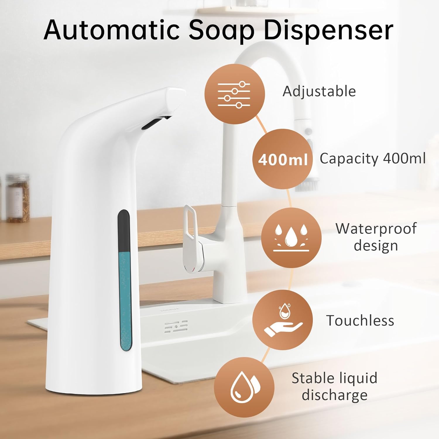 Automatic Liquid Soap Dispenser Touchless,400ML Modern White Dish Soap Dispenser with Sensor,4 Gear