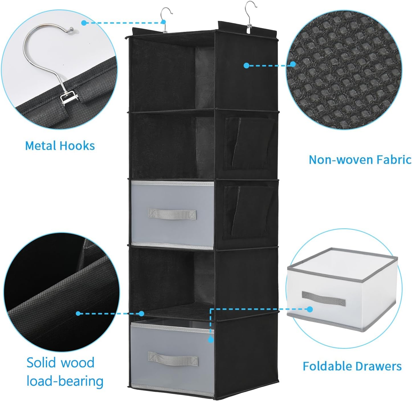 5-Layer Suspended Fabric Shelf Organizer, Equipped with 2 Sturdy Hooks, 2 Separate Drawers, and