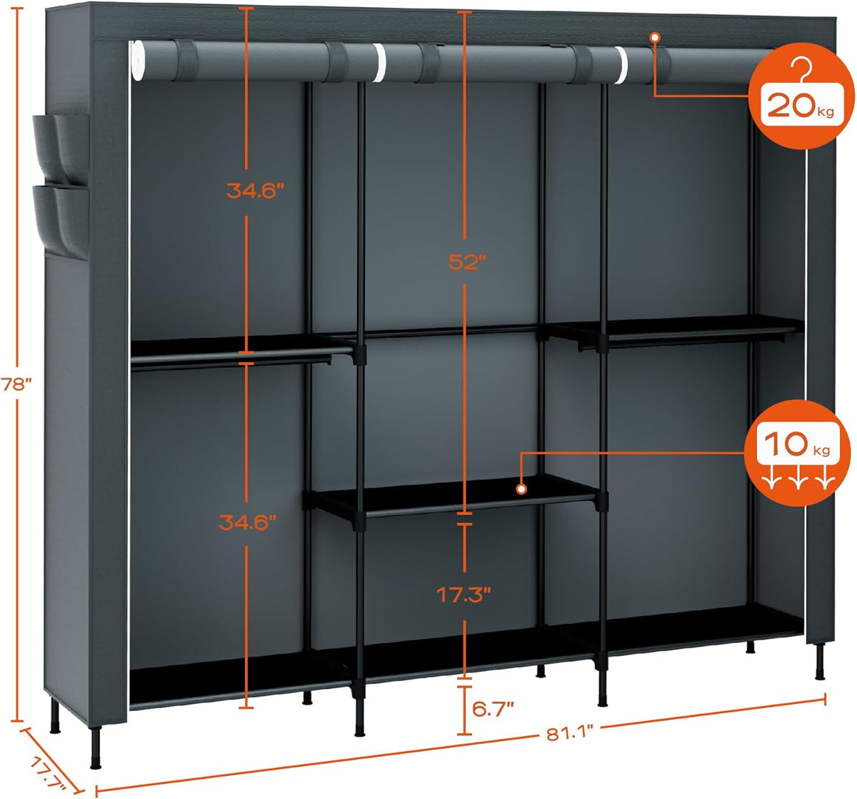 Clothes Rack, Portable Closet, 81.5 Inch Large Capacity Wardrobe Closet, Clothes Storage Organizer