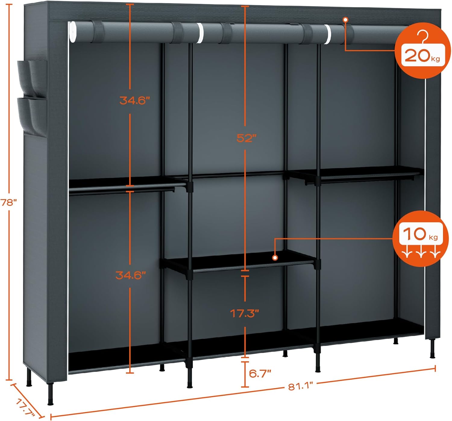 Clothes Rack, Portable Closet, 81.5 Inch Large Capacity Wardrobe Closet, Clothes Storage Organizer