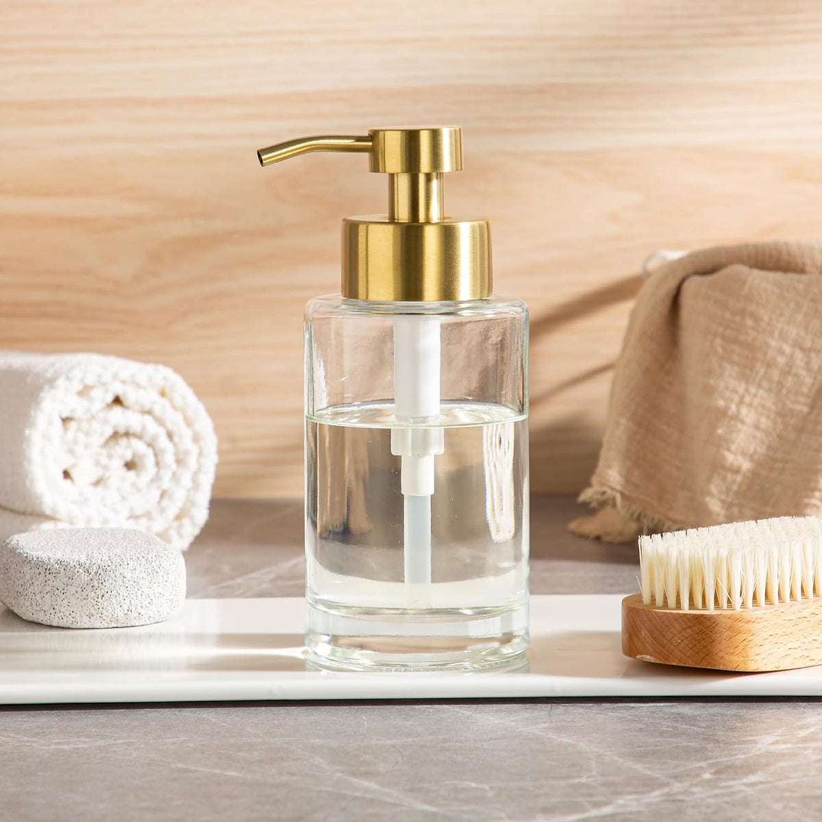 Enra Thick Glass Soap Dispenser with Stainless Steel Gold Pump,12oz Bathroom Hand Liquid Soap