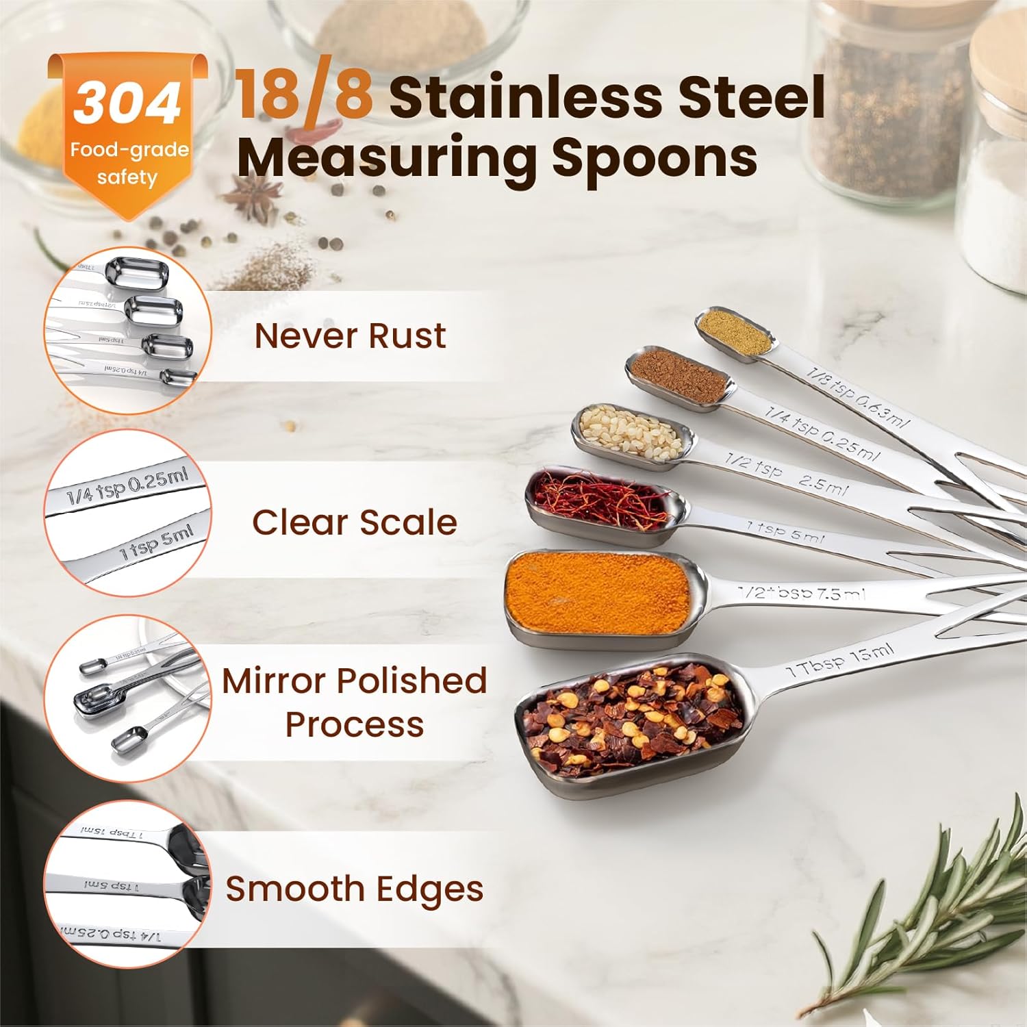 6PCS Narrow Measuring Spoons Set, Stainless Steel Measuring Spoon Fits in Spice Jars, Metal