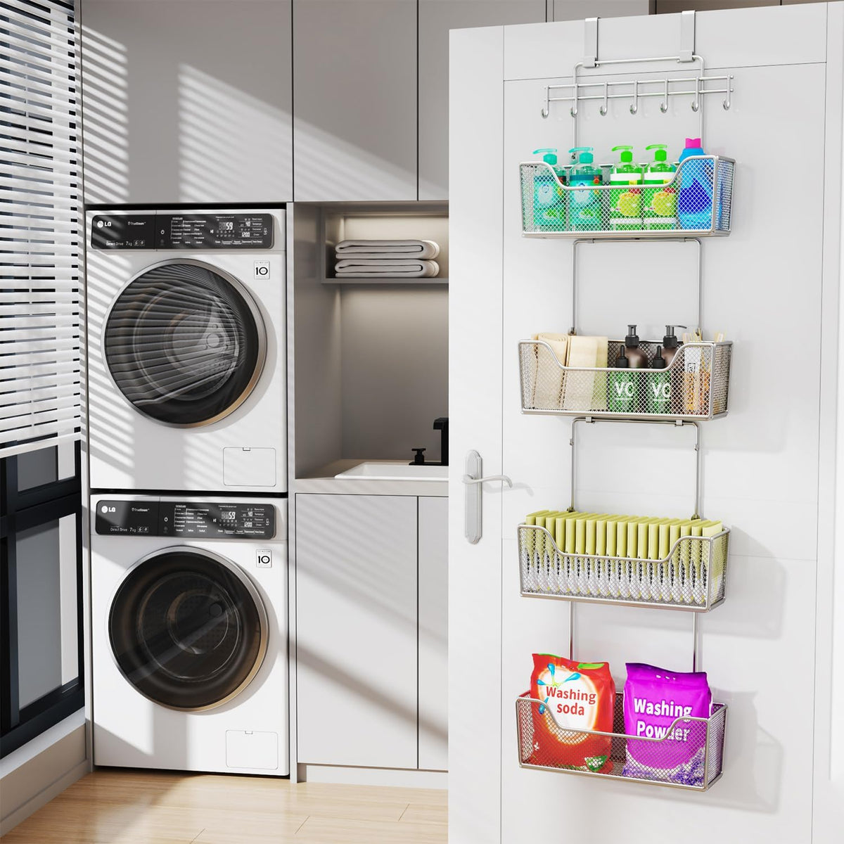 HapiRm Over The Door Organizer - Hanging Door Organizer with 4 Metal Large Capacity Baskets and