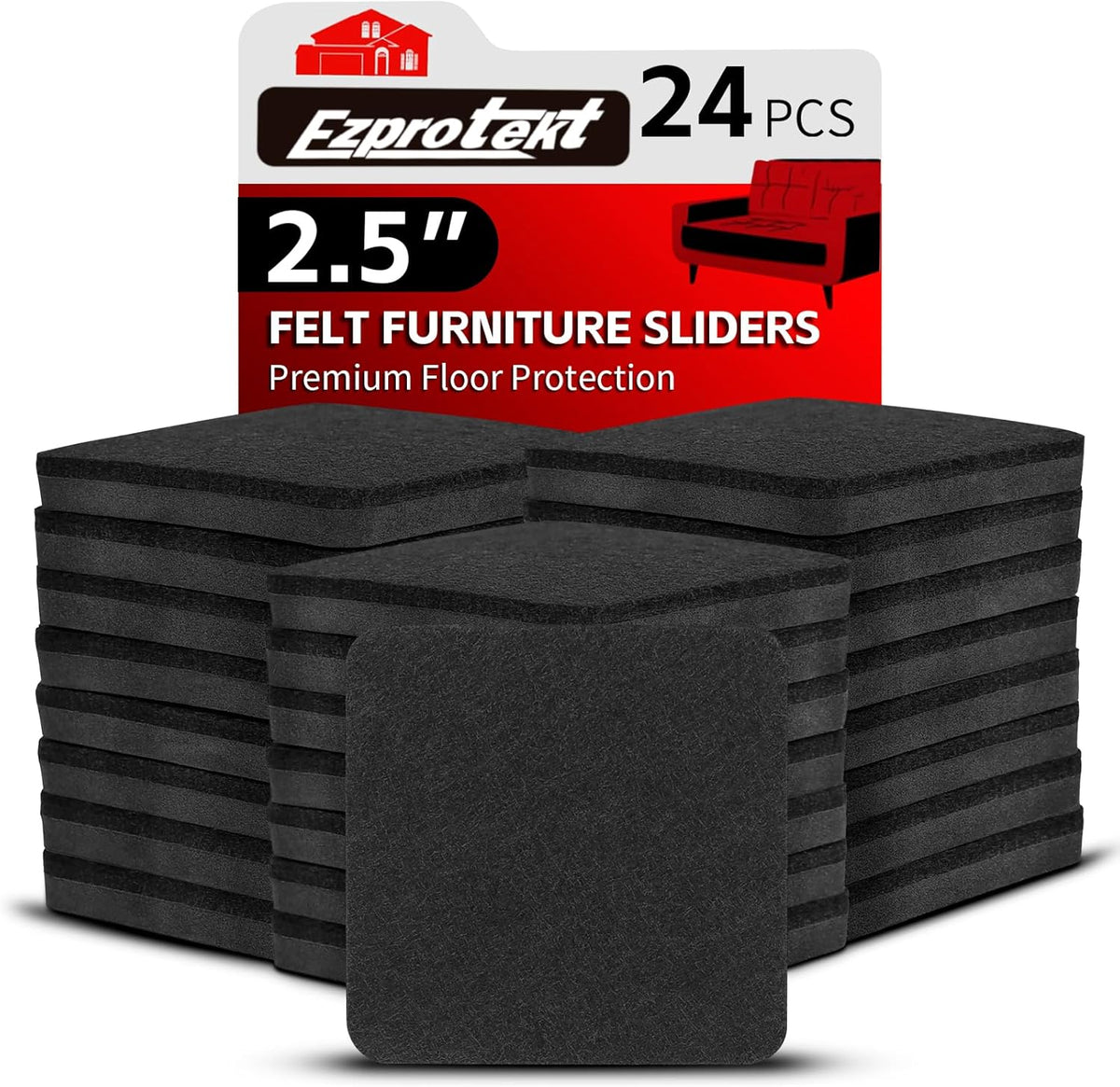 Ezprotekt 2.5" Felt Furniture Movers Sliders for Hardwood Floors, 24 Pcs Reusable Square Felt