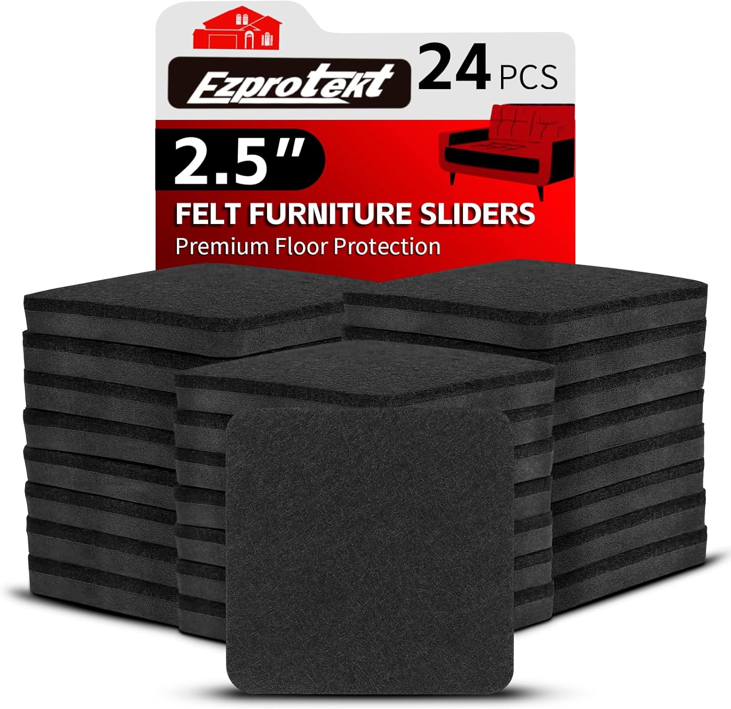 Ezprotekt 2.5" Felt Furniture Movers Sliders for Hardwood Floors, 24 Pcs Reusable Square Felt