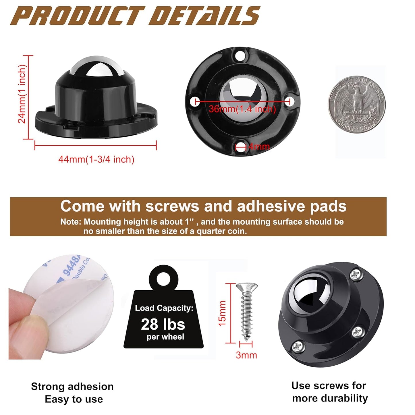 PlusRoc 4 Pack 1 Inch Self Adhesive Paste Caster Wheels for Furniture Kitchen Appliance Rollers