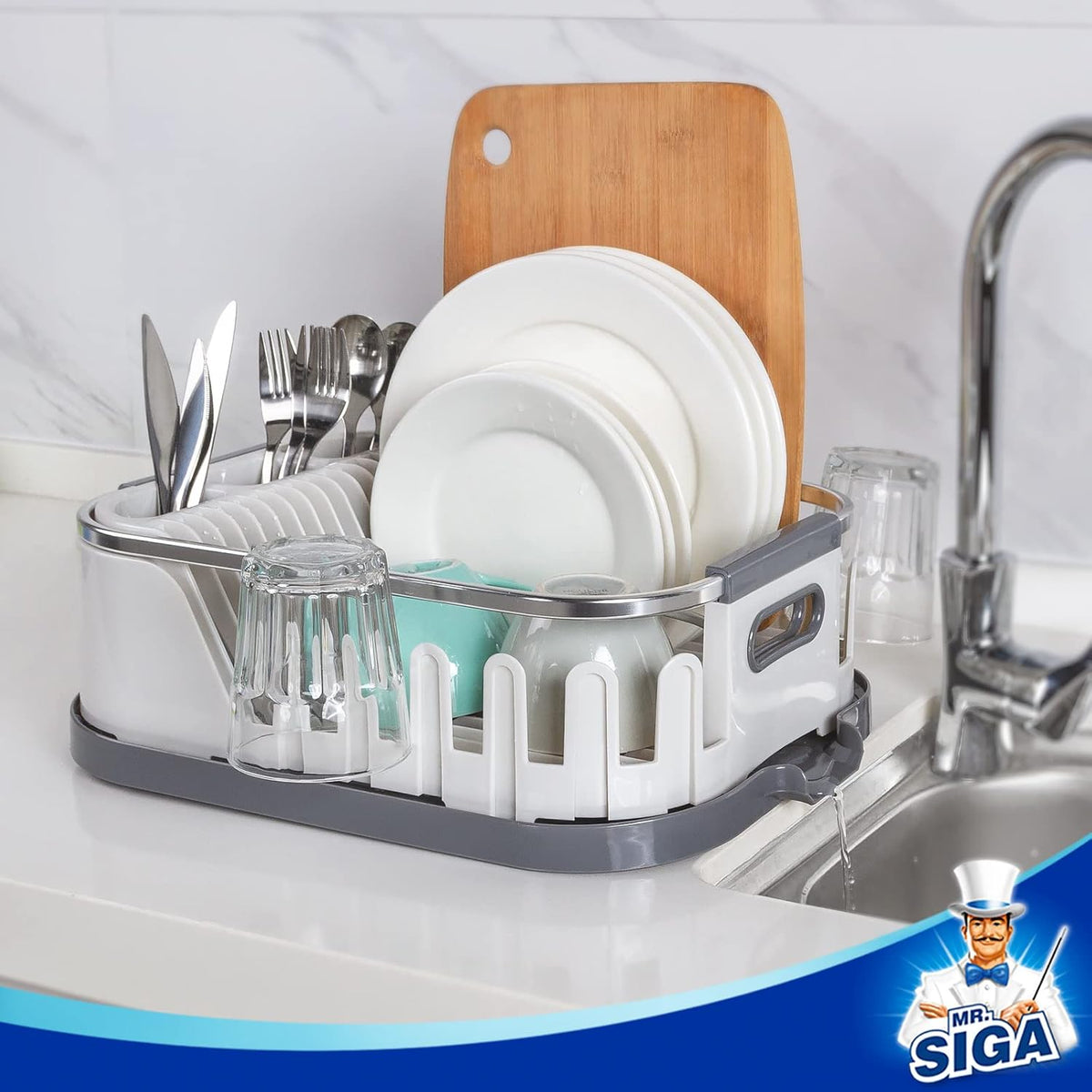 MR.SIGA Dish Drying Rack for Kitchen Counter, Compact Dish Drainer with Drainboard, Utensil Holder
