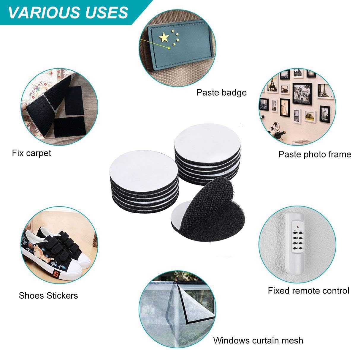 BRAVESHINE Adhesive Tape - 16PCS Hook and Loop Fasteners - Double Sided Adhesive Pads - Rug Carpet