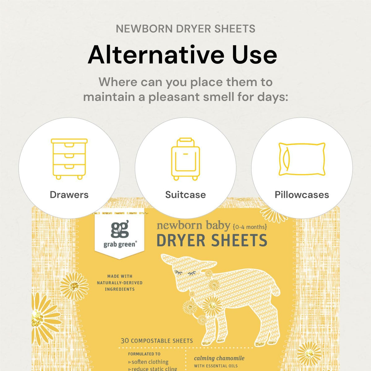 Grab Green Newborn Baby Dryer Sheets, 120 Sheets, Chamomile Scent, Plant and Mineral Based