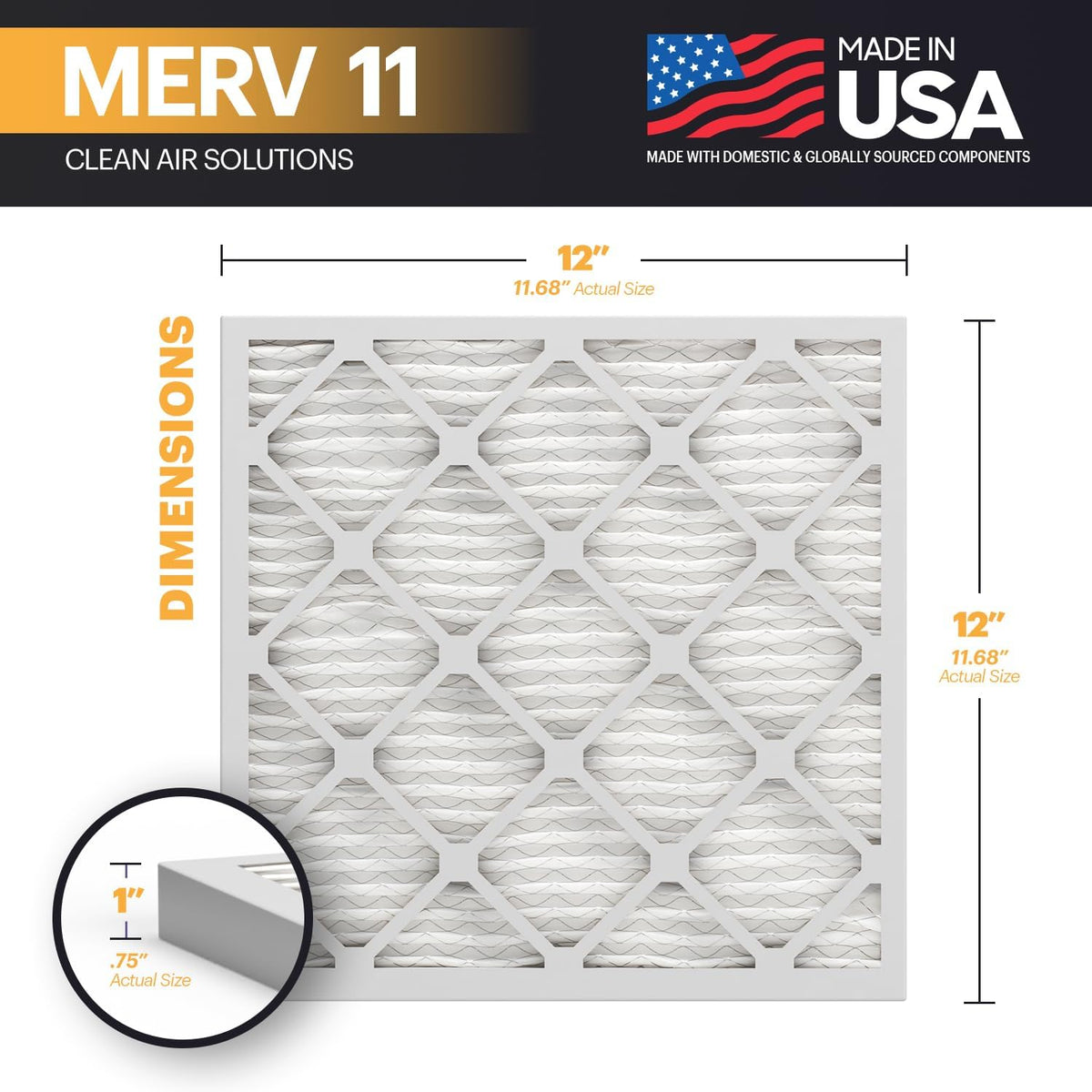 BNX TruFilter 12x12x1 Air Filter MERV 11 (6-Pack) - MADE IN USA - Allergen Defense Electrostatic