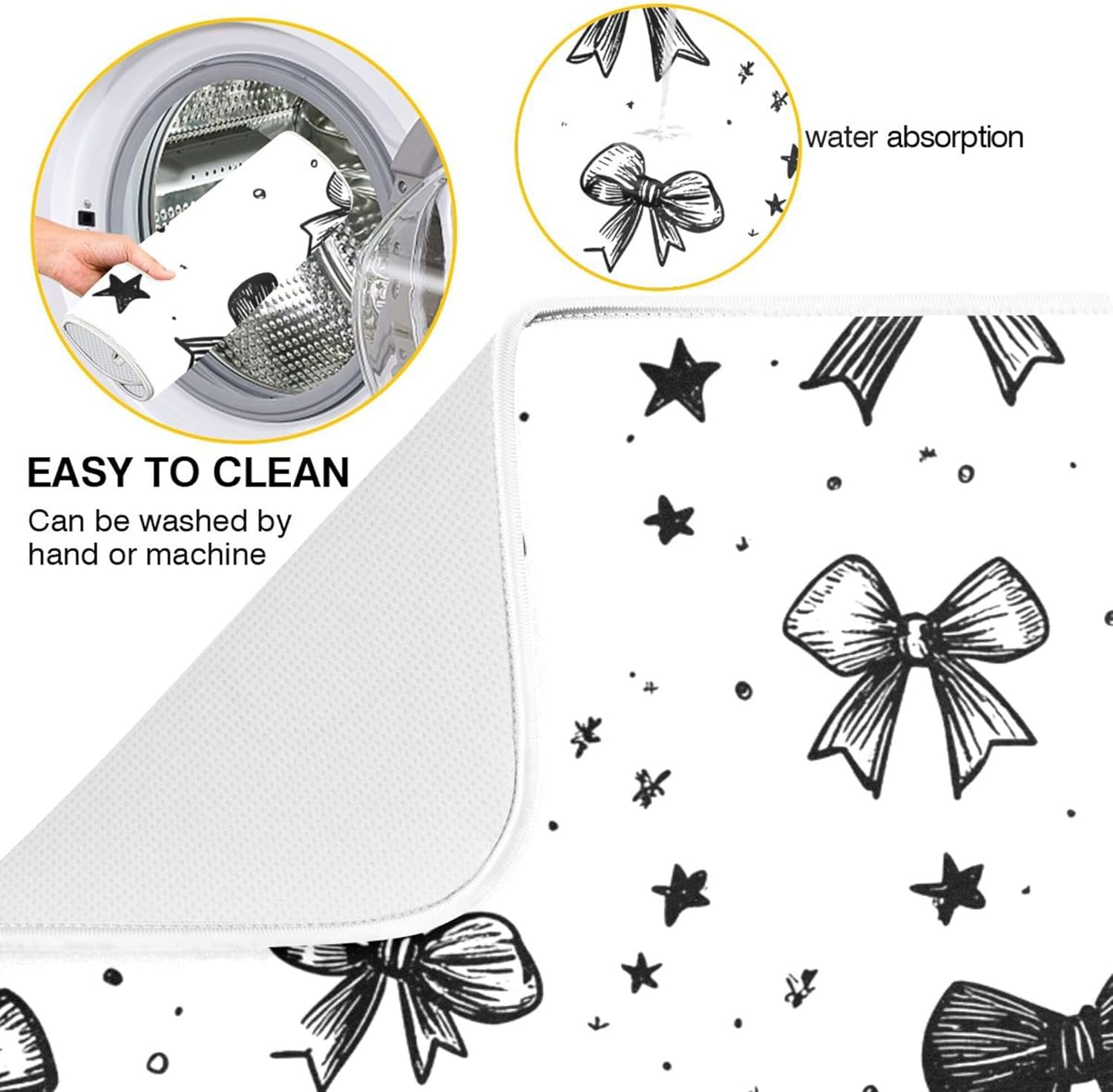 Black White Bowknot Dish Drying Mat for Kitchen Countertop 16x18 Rectangle Bow Small Drying Mat