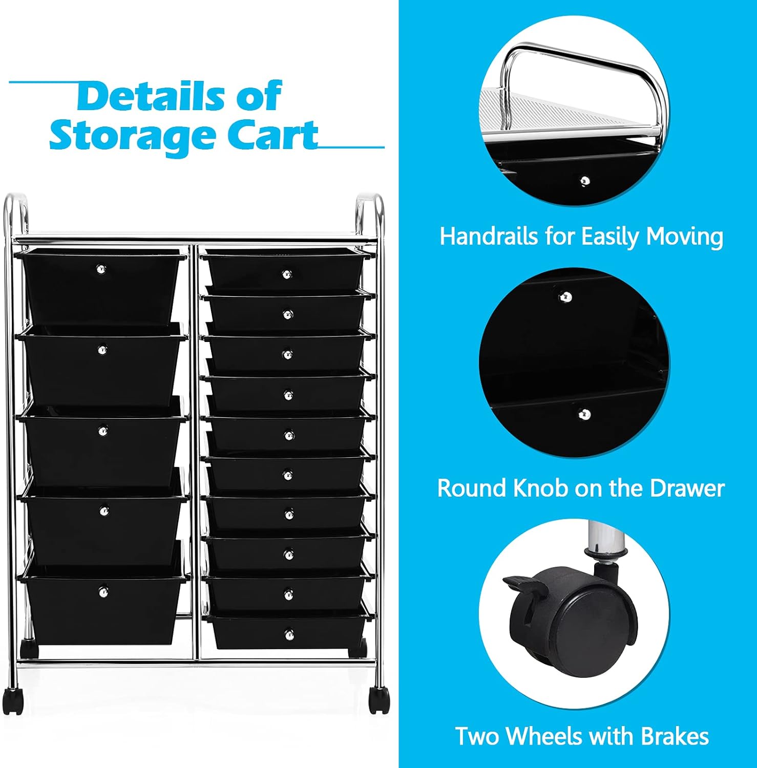 GOFLAME 15-Drawer Rolling Storage Cart, Multipurpose Movable Organizer, Utility Cart for Home