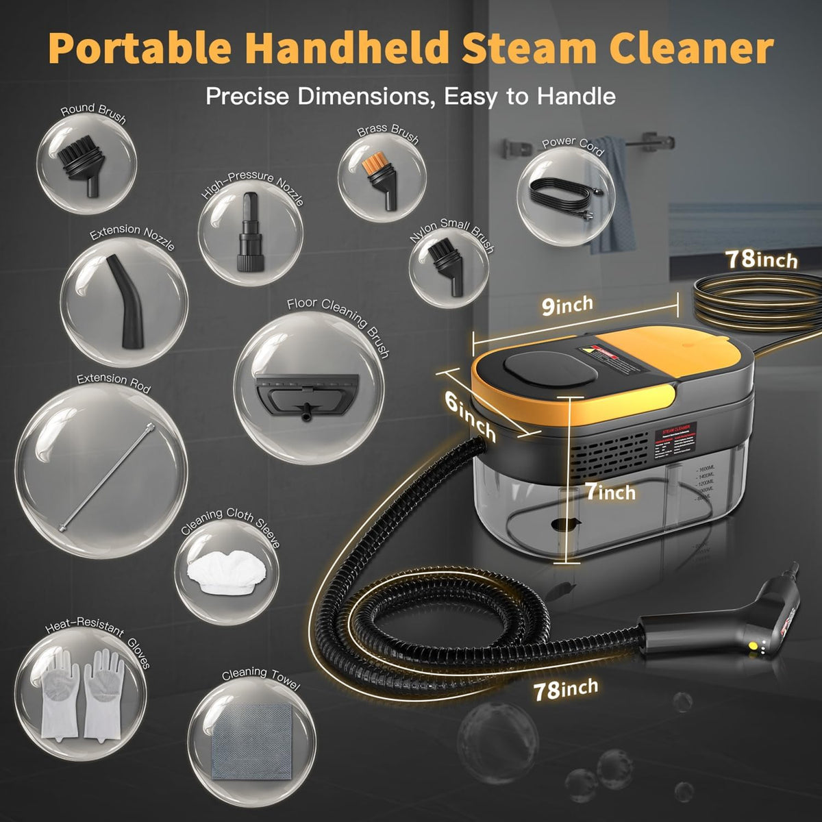 Steam Cleaner, 3-Level Adjustable Handle, 15s Heat-Up, 1.69 Quarts Tank, Portable Steamer for
