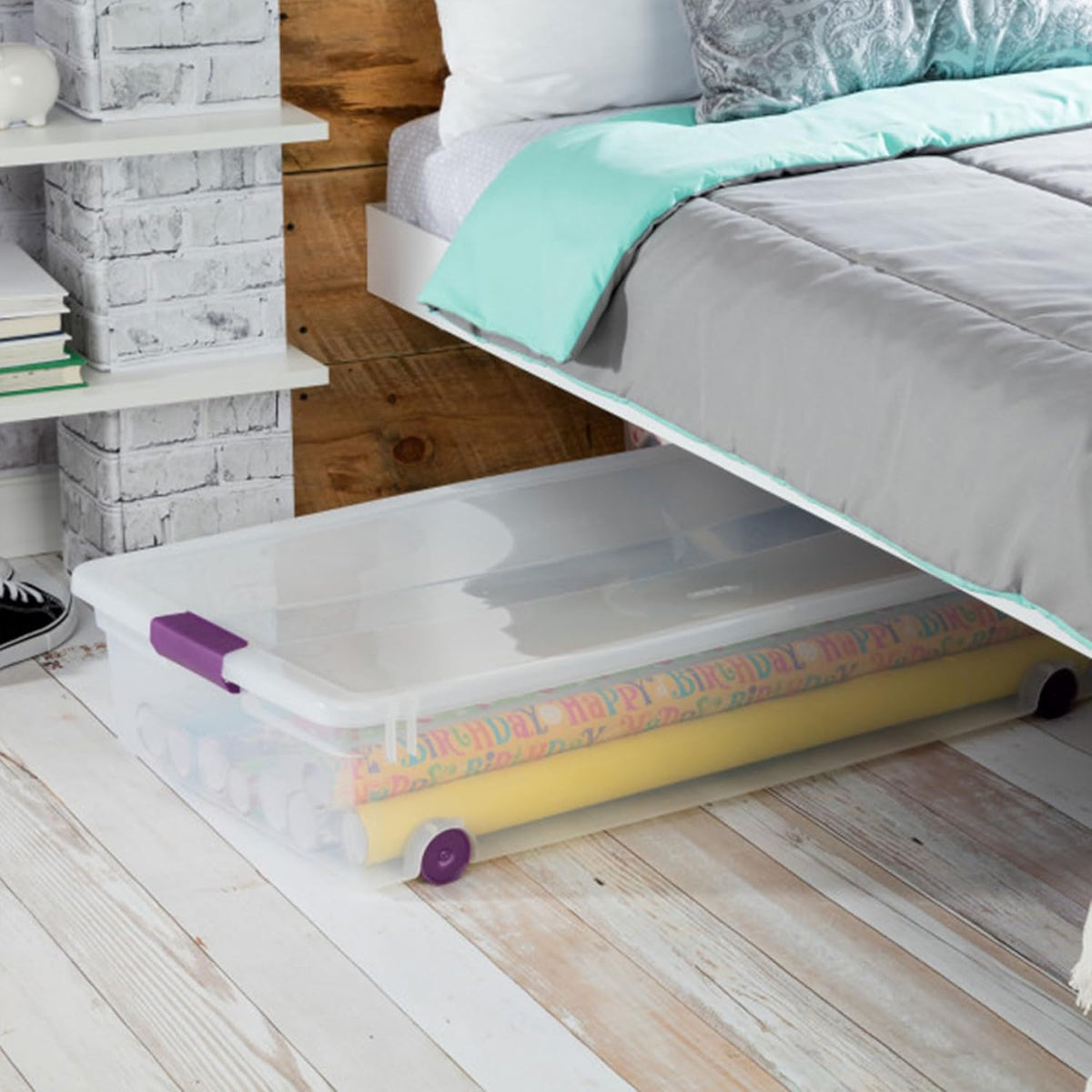 Sterilite 4-Pack 60 Quart ClearView Latch Box, Wheeled Underbed Organizer Bins with Latching Lids