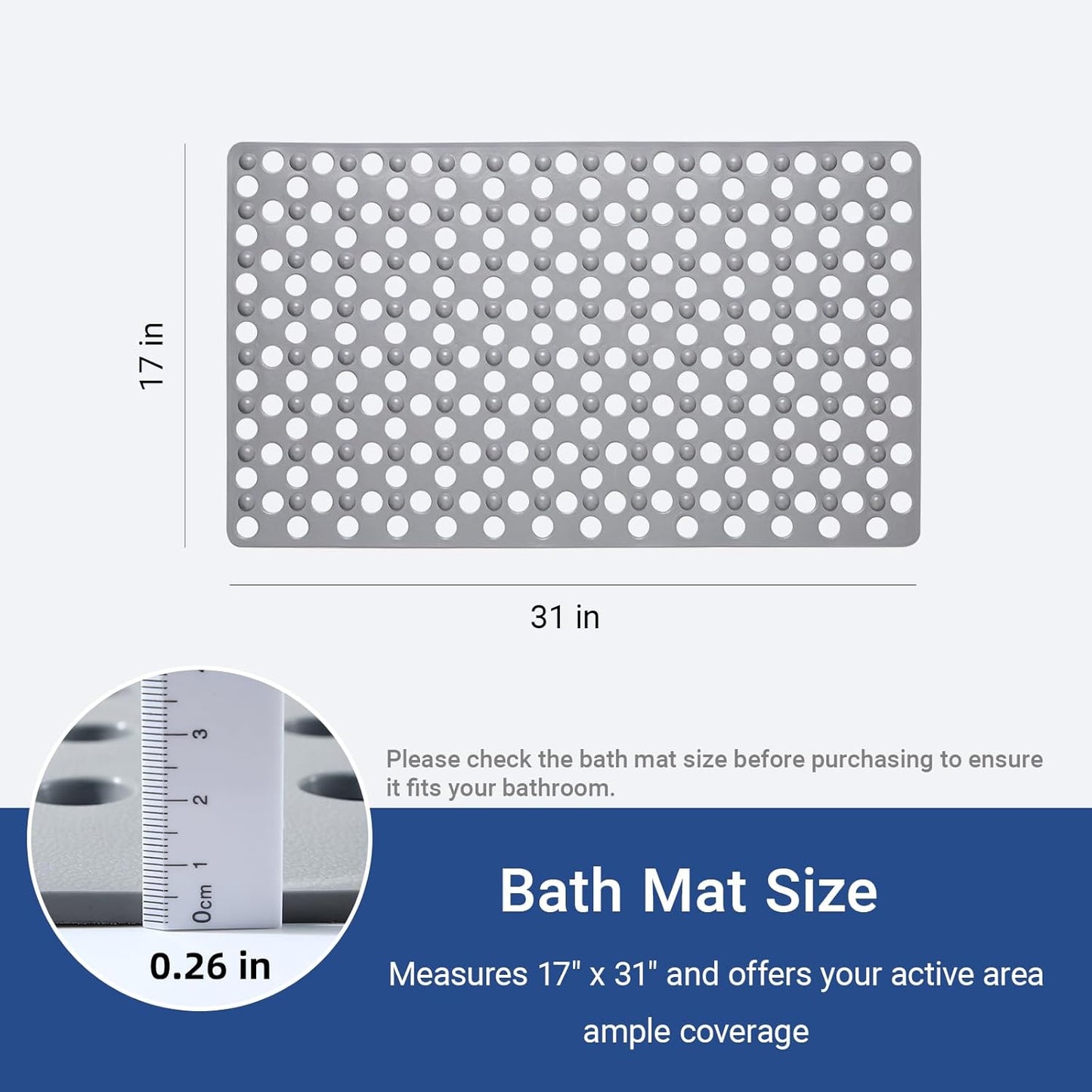Non Slip Bathtub Mat and Shower Mat 31x17 inch,Bath Mat with Quick Dry Drain Holes and Suction