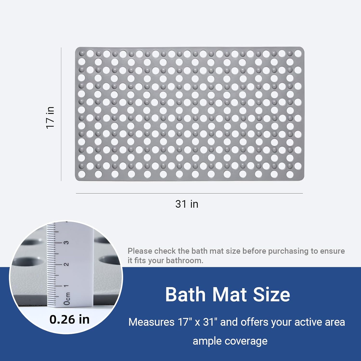 Non Slip Bathtub Mat and Shower Mat 31x17 inch,Bath Mat with Quick Dry Drain Holes and Suction